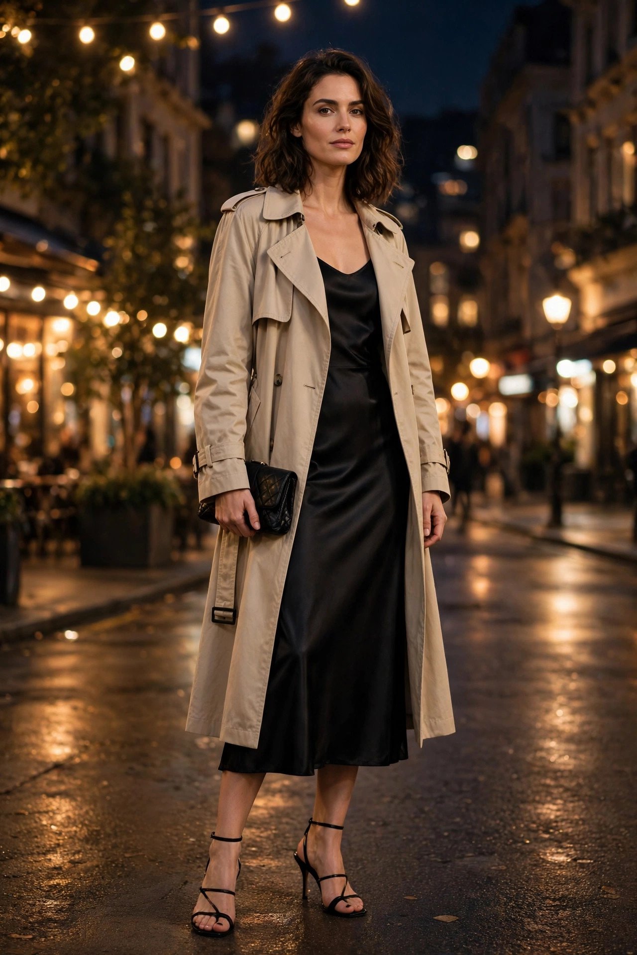 Woman in trench coat evening street style