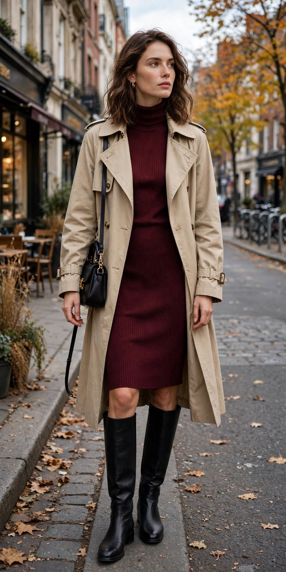 Trench coat over knit turtleneck dress