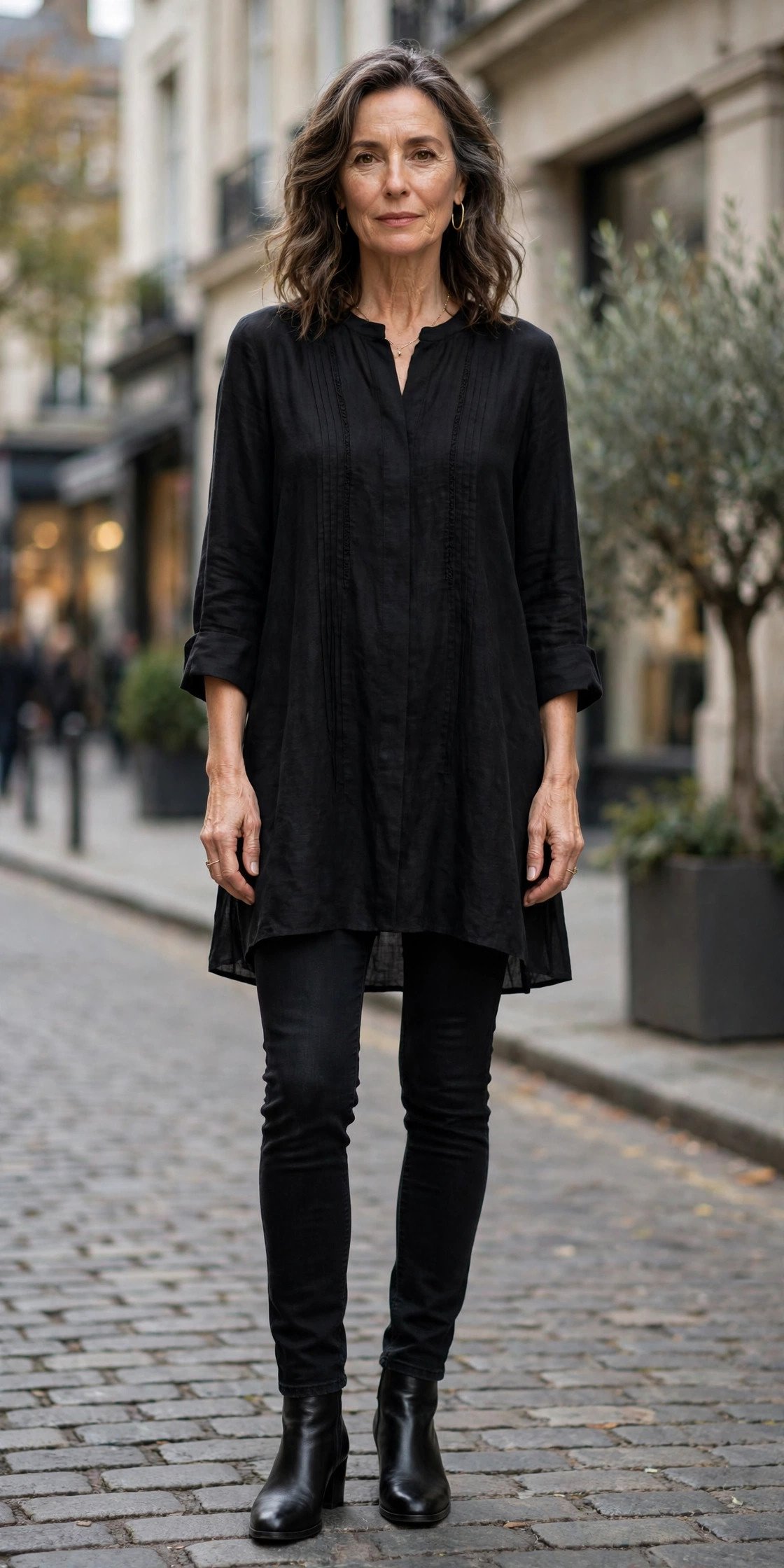 Elegant older woman in black jeans with tunic