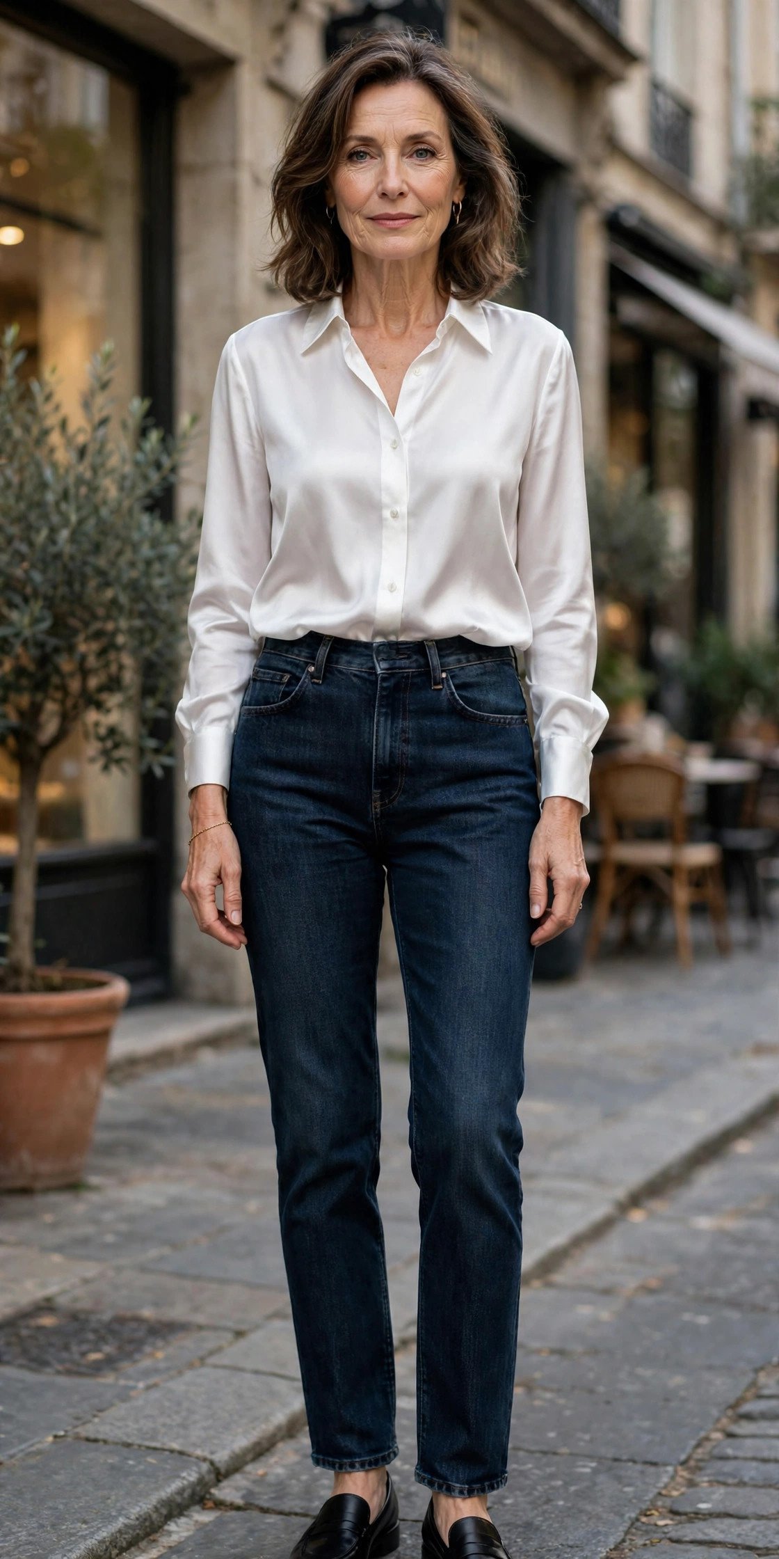 Mature woman in high-waisted jeans with silk shirt