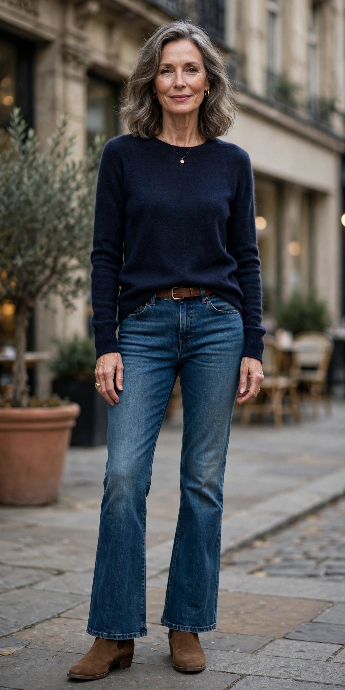 Mature woman in bootcut jeans with cashmere sweater
