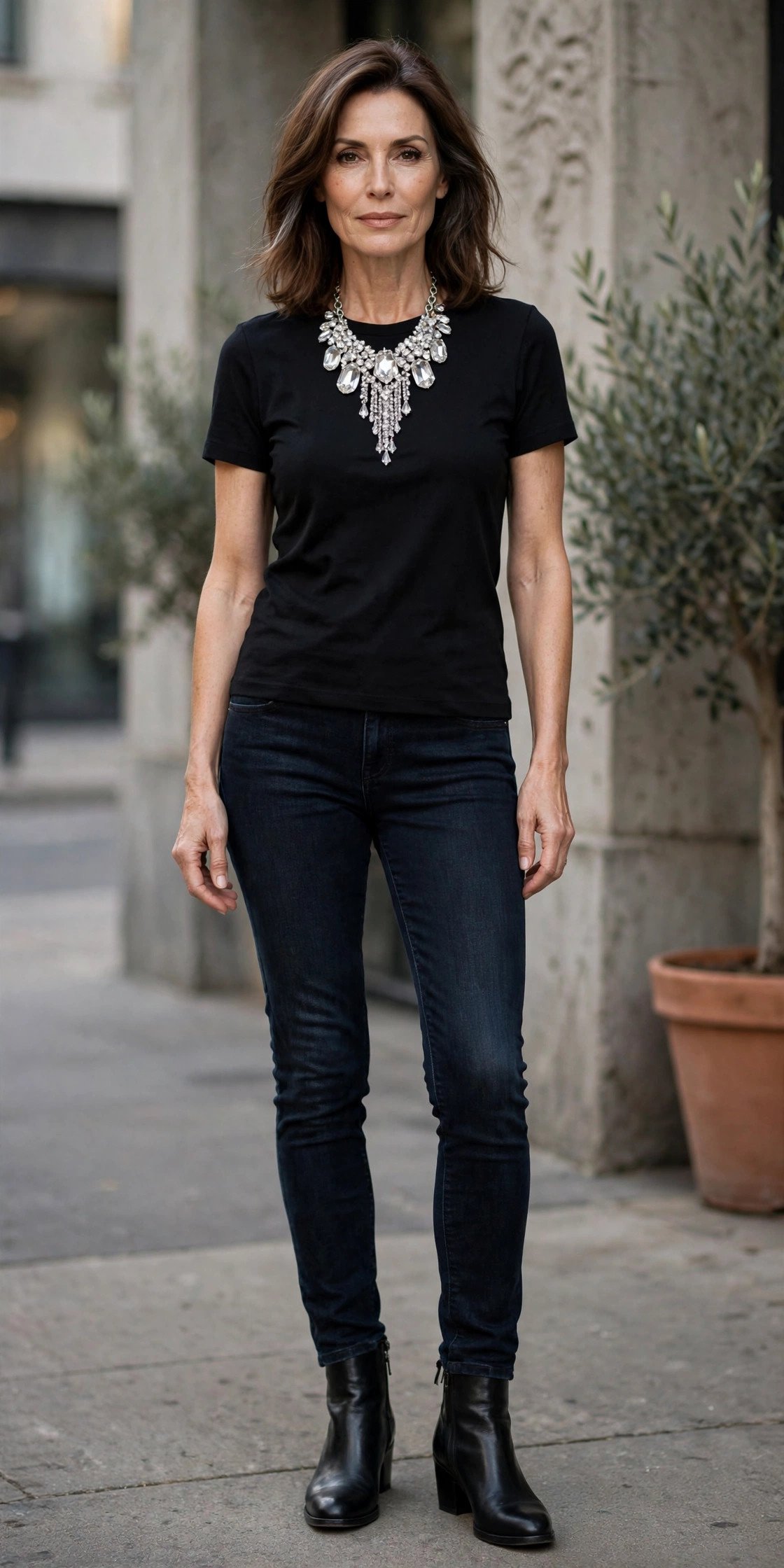 Mature woman in dark skinny jeans with statement jewelry