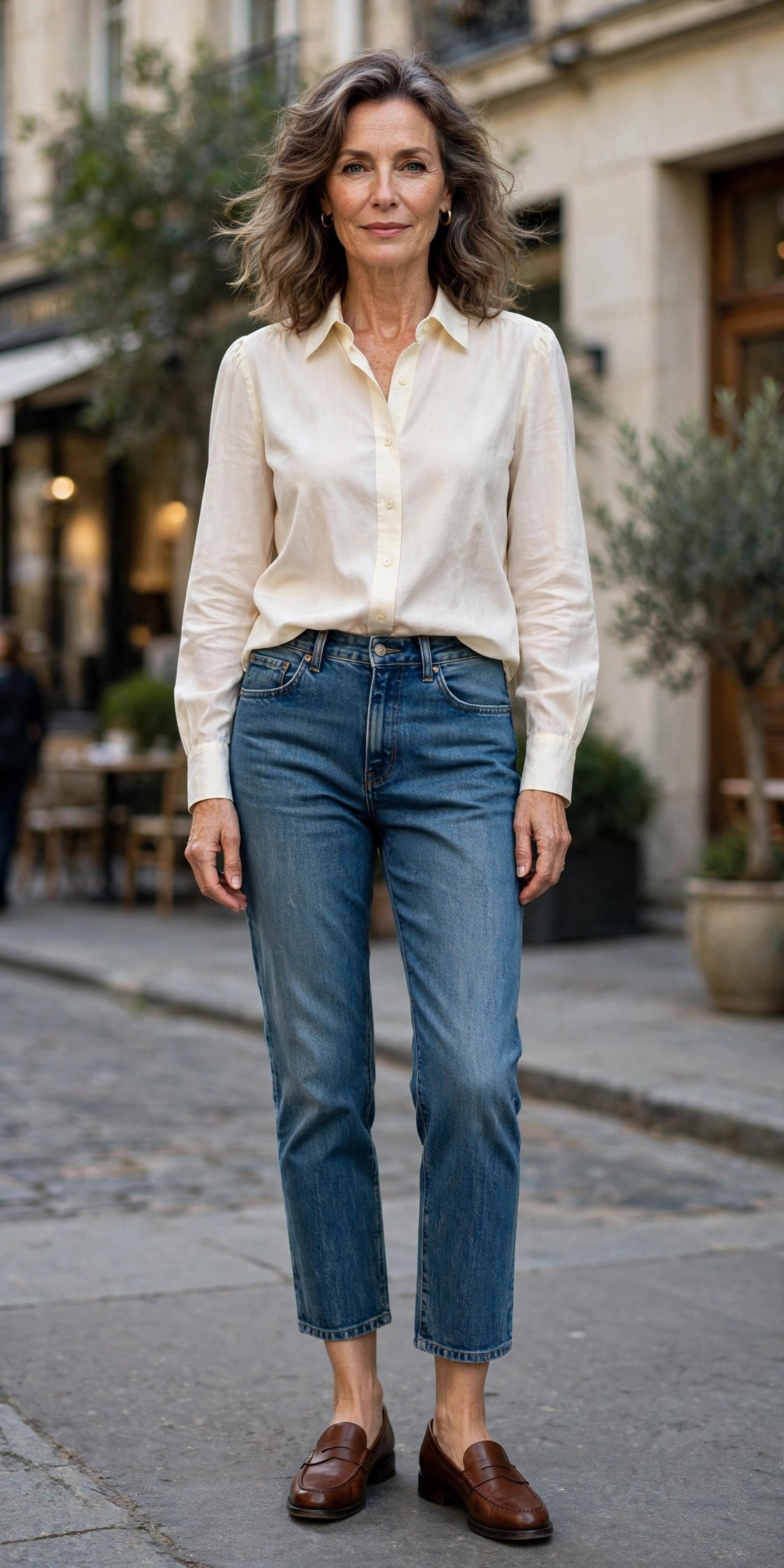 Mature woman in cropped jeans with loafers and blouse