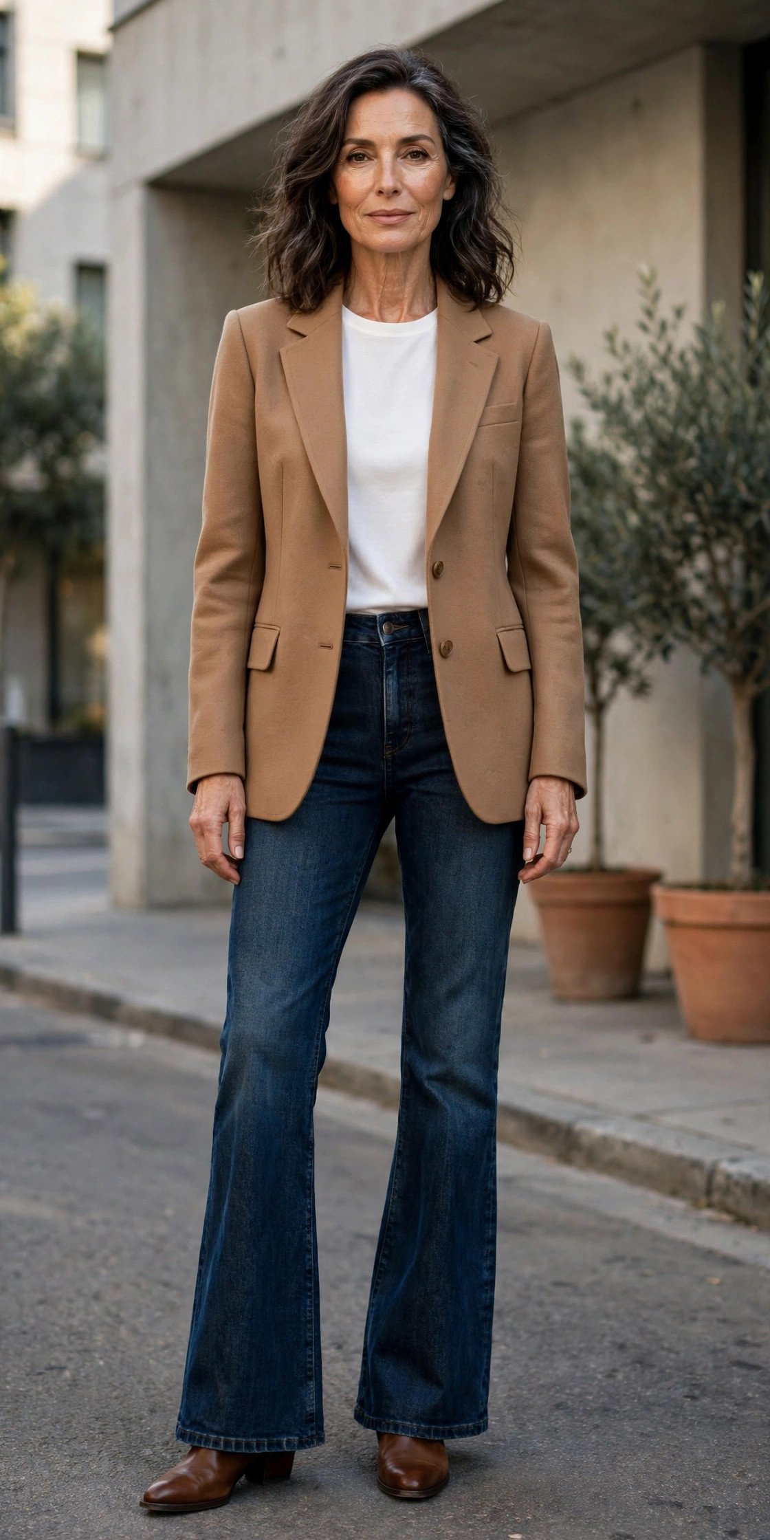 Elegant woman in dark flare jeans with tailored jacket