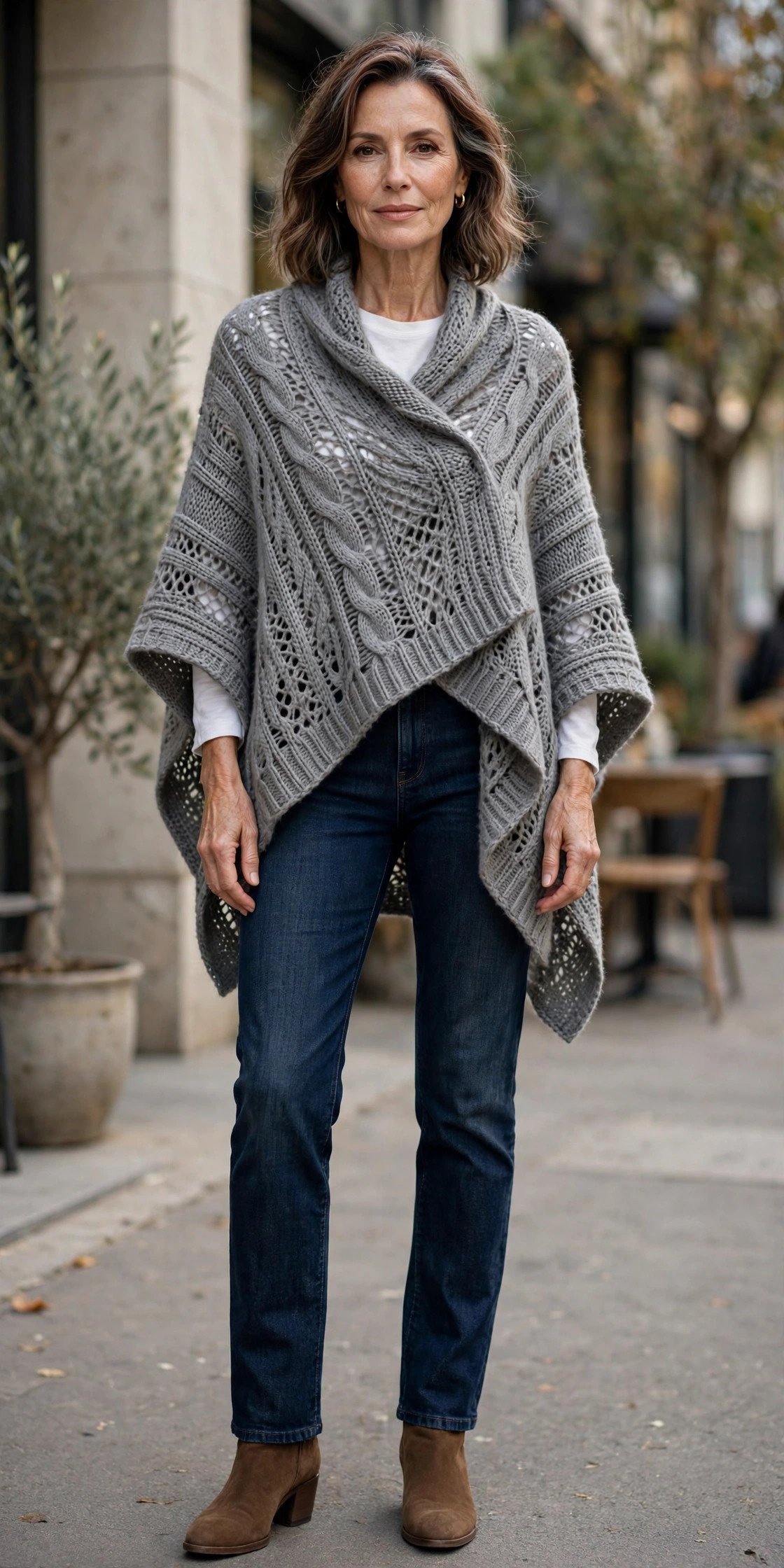 Mature woman in dark jeans with elegant poncho
