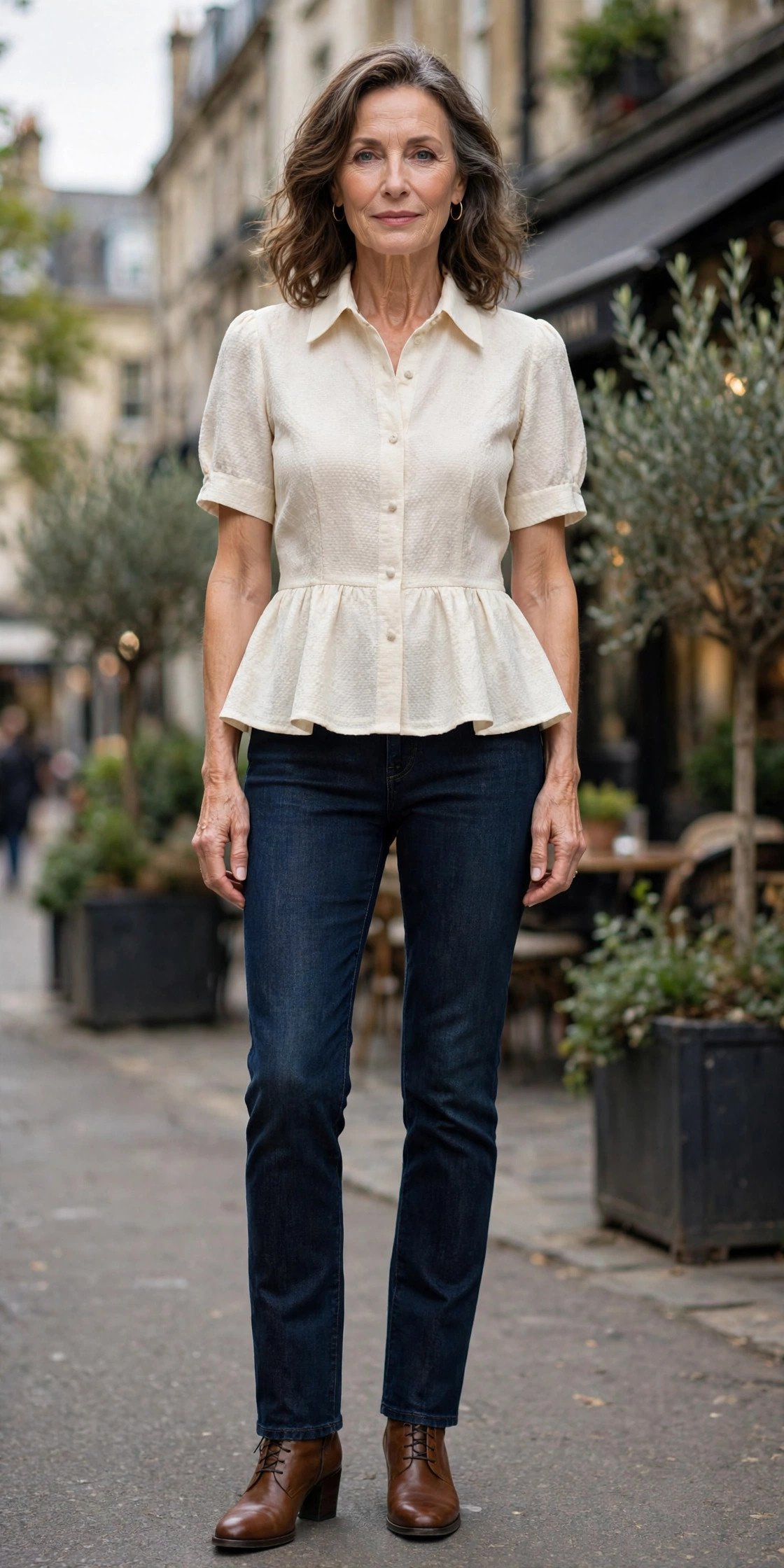 Elegant woman in high-rise jeans with peplum blouse