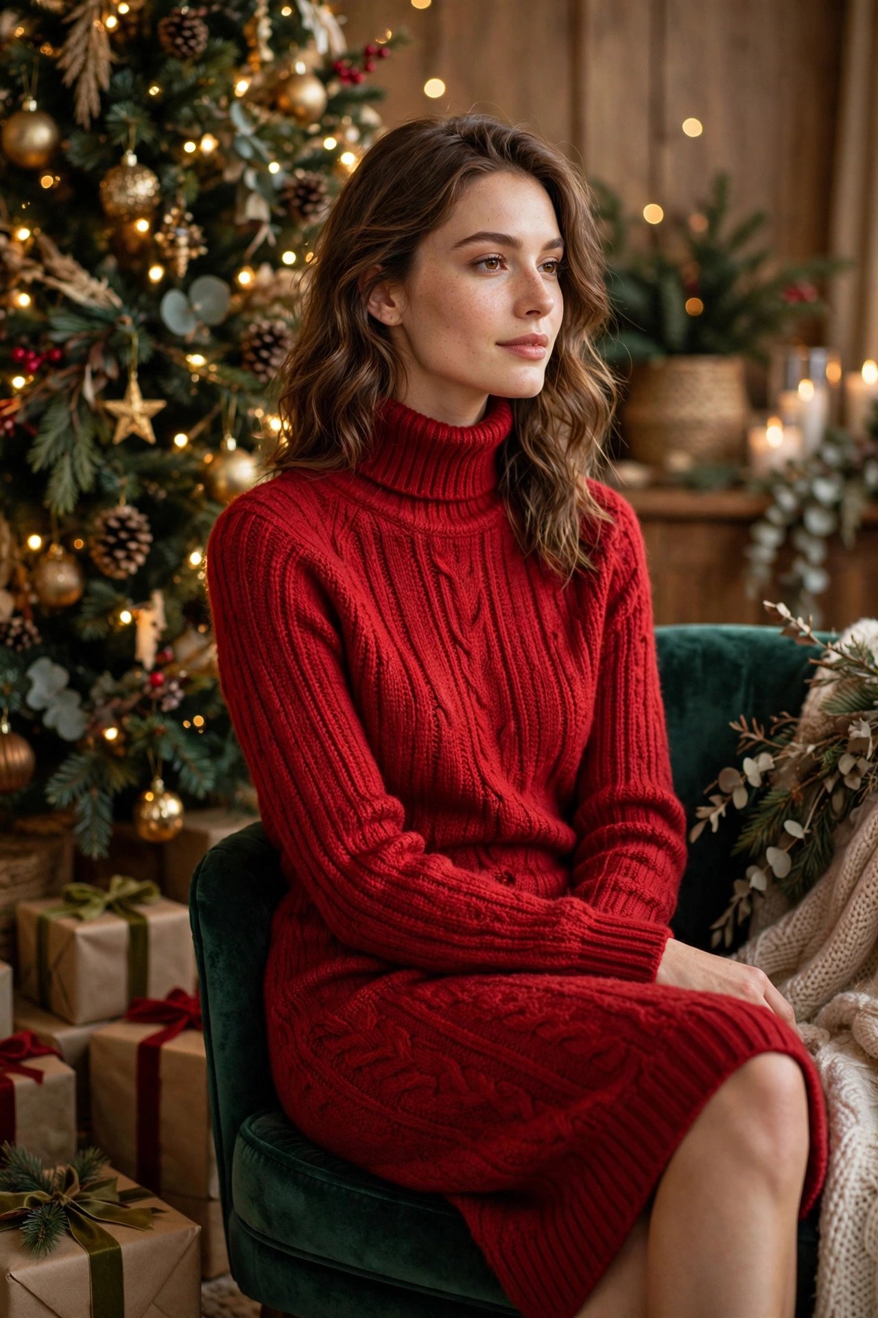 Festive portrait of woman in red dress with holiday decor