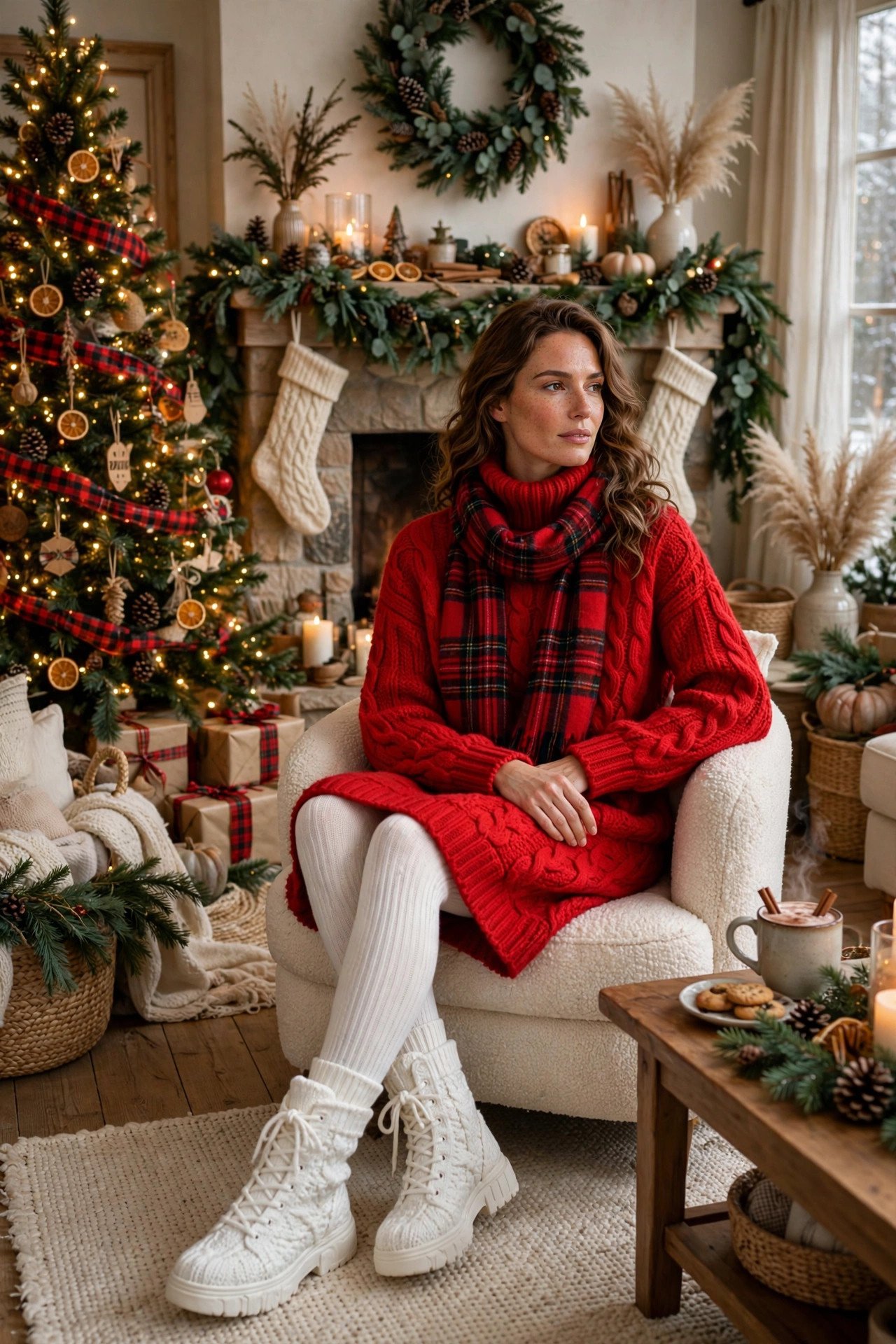 Woman in red sweater cozy holiday portrait