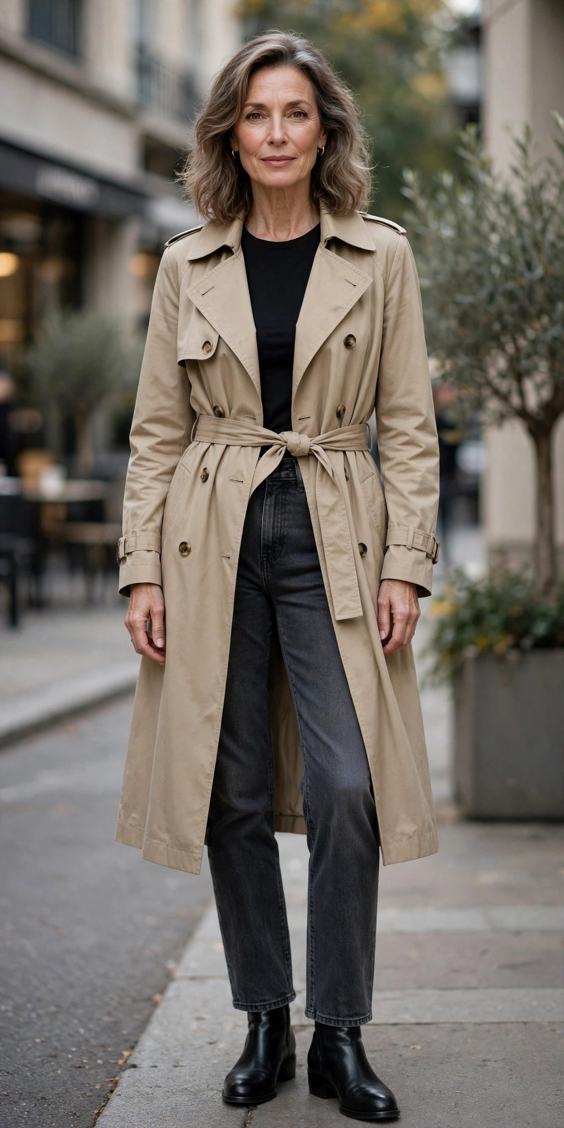 Woman in dark gray straight-leg jeans with classic trench coat
