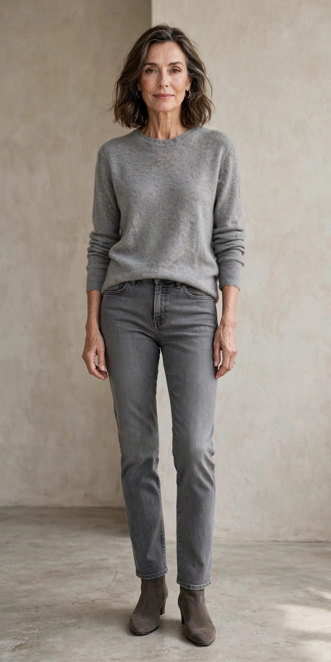 Woman in gray high-rise jeans with cashmere sweater
