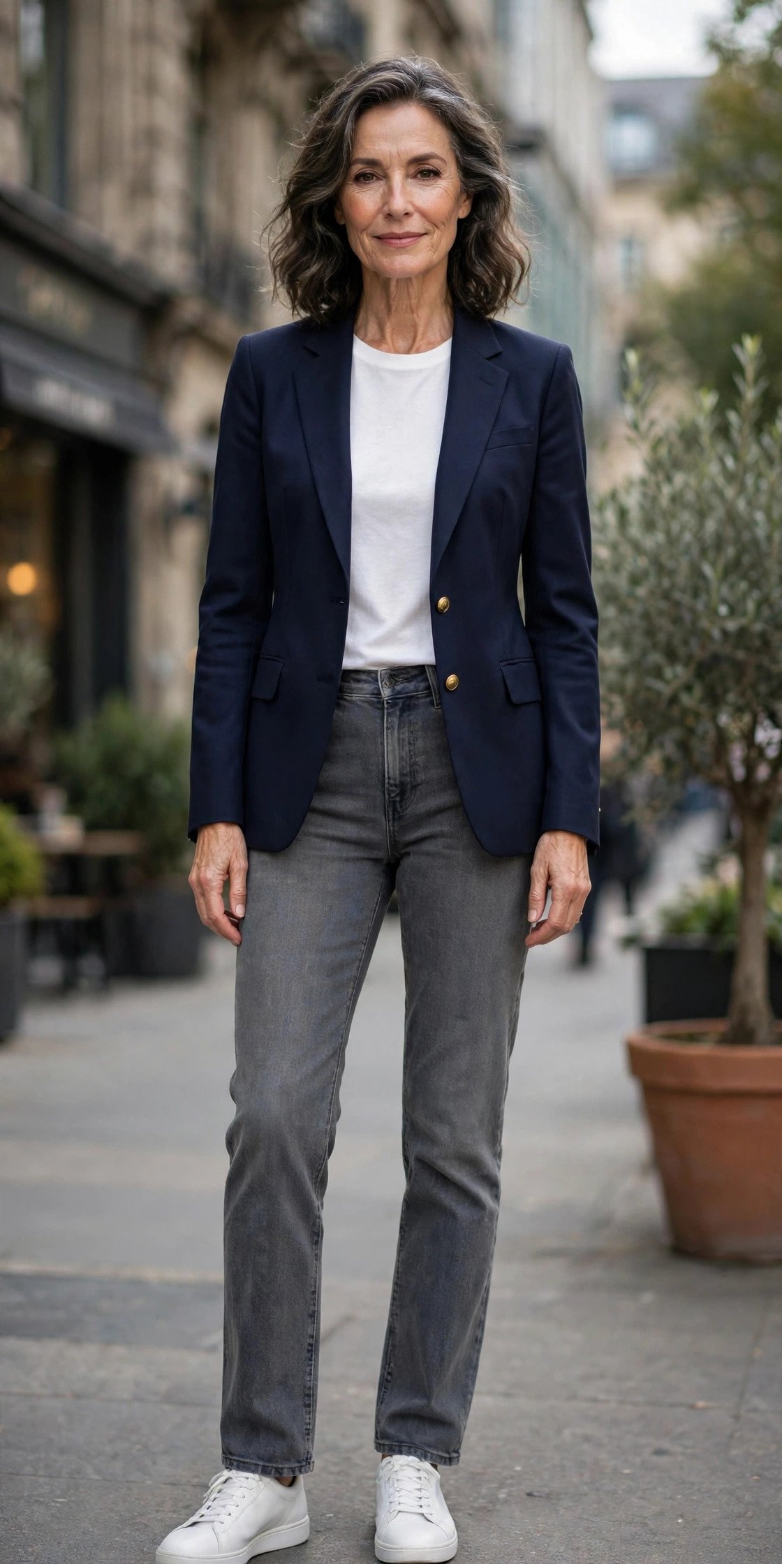 Woman in mid gray jeans with tailored navy blazer