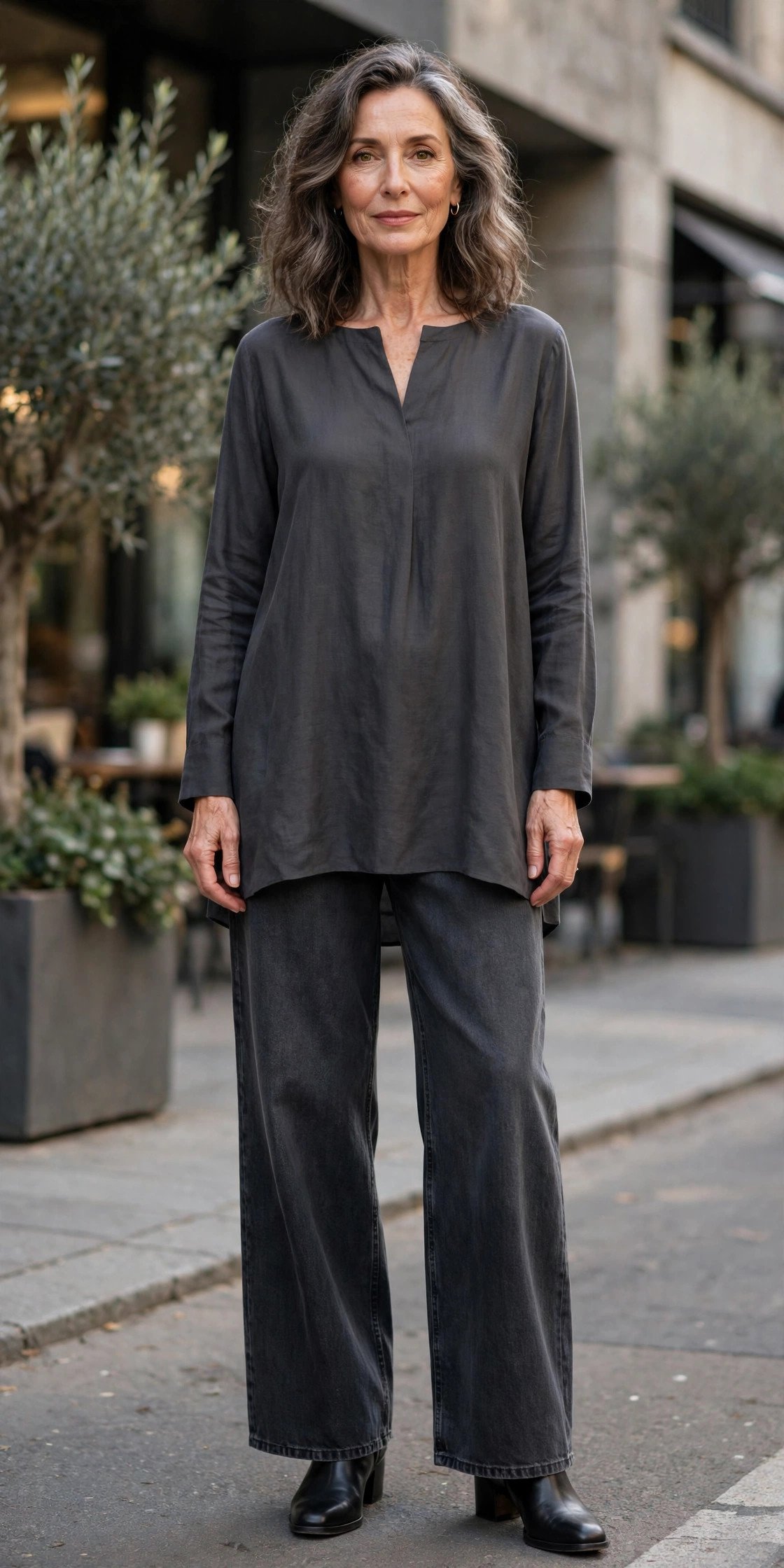 Woman in charcoal wide-leg jeans with elegant tunic