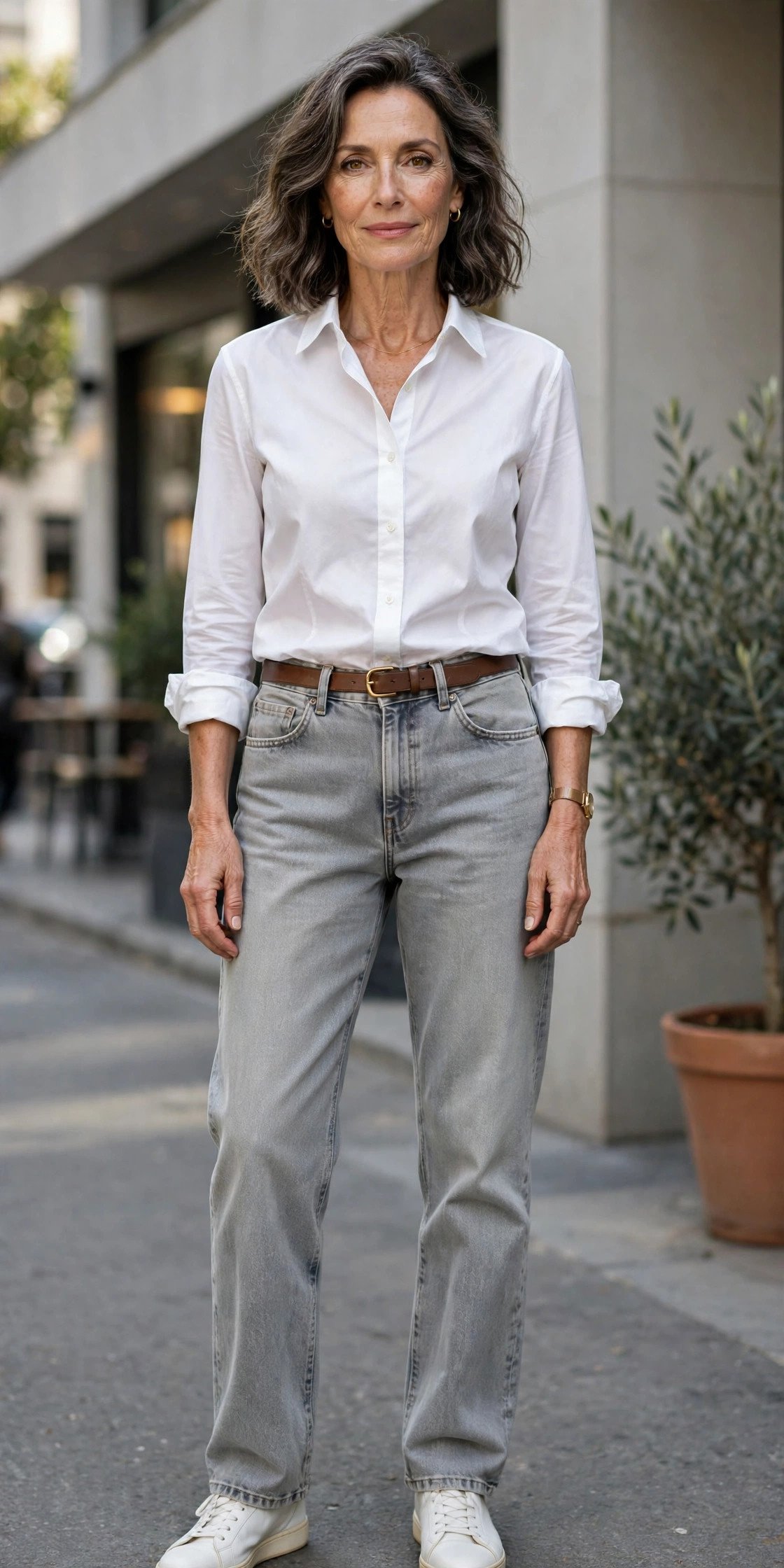 Woman in light gray jeans with crisp white shirt