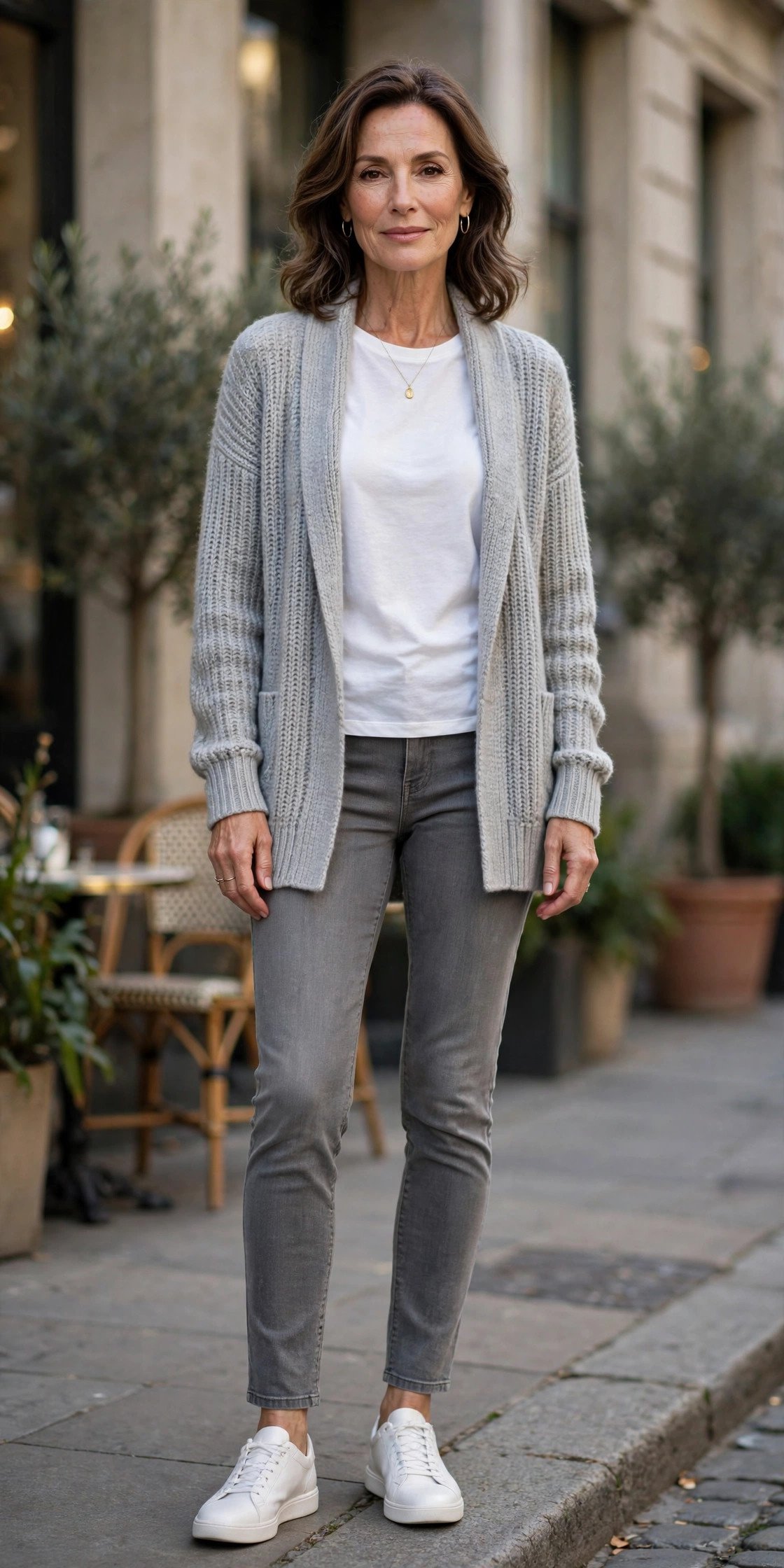 Woman in gray slim jeans with soft knit cardigan