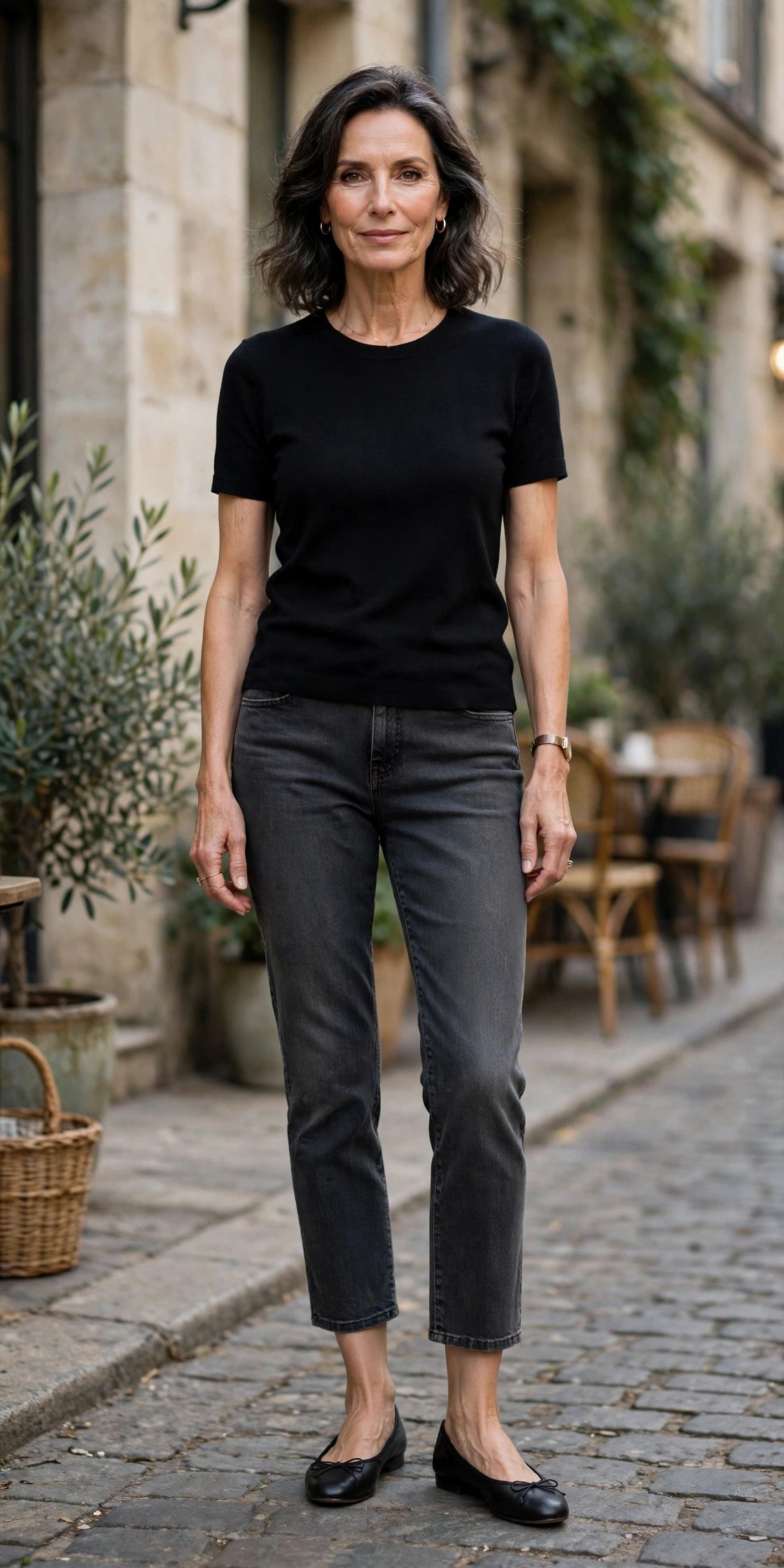 Woman in dark gray cropped jeans with ballet flats
