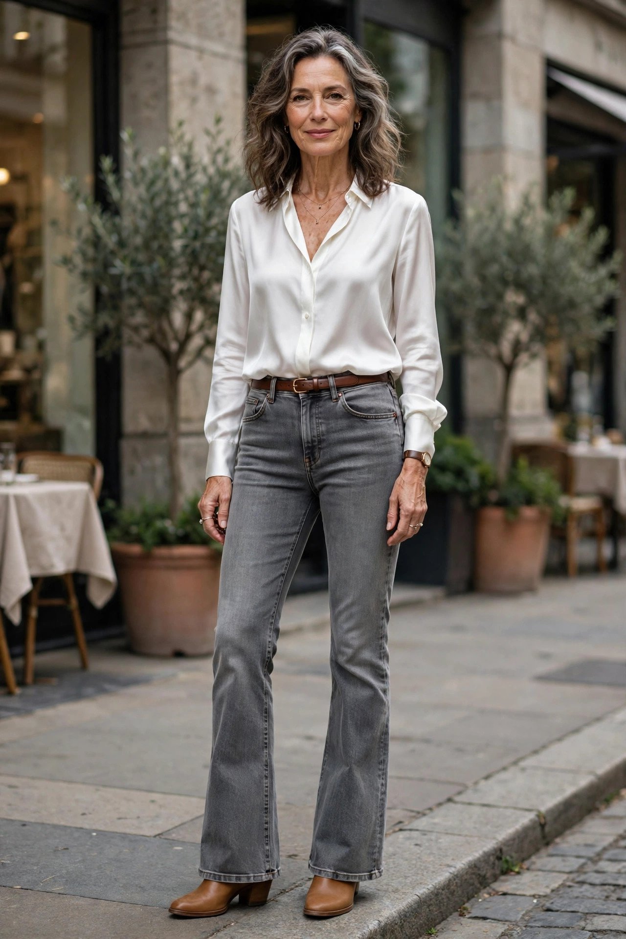 Woman in gray bootcut jeans with silk blouse