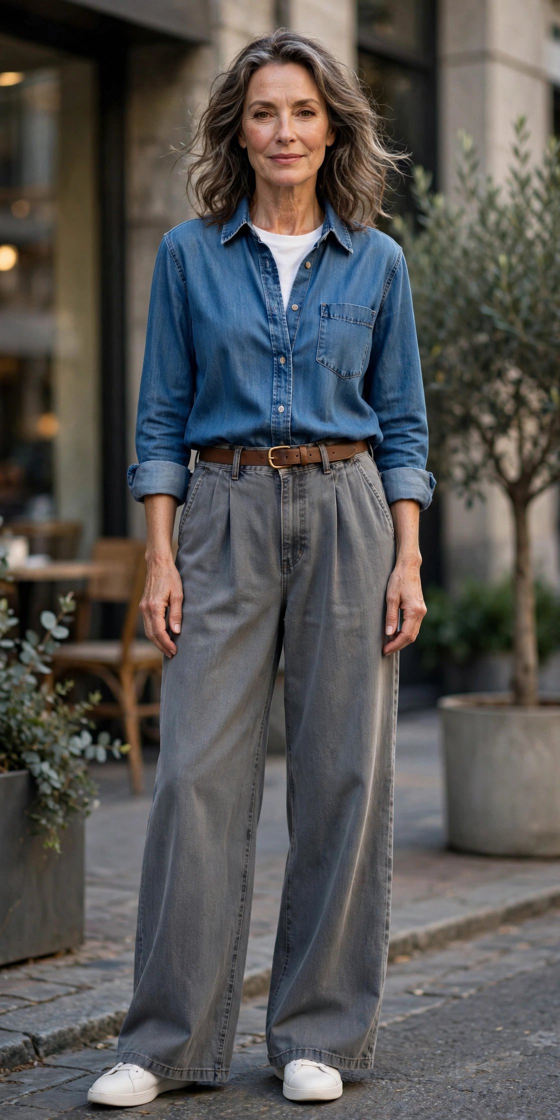 Woman in mid gray relaxed jeans with denim shirt