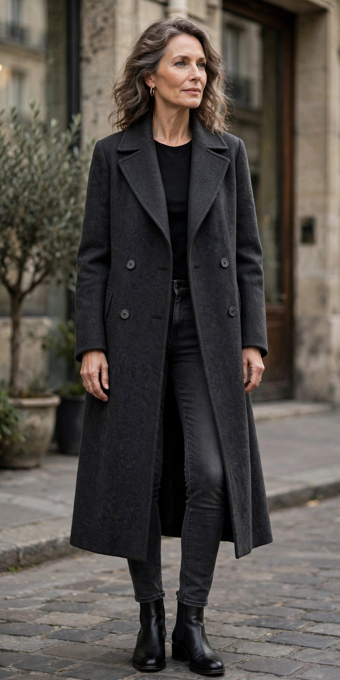 Woman in charcoal skinny jeans with long wool coat