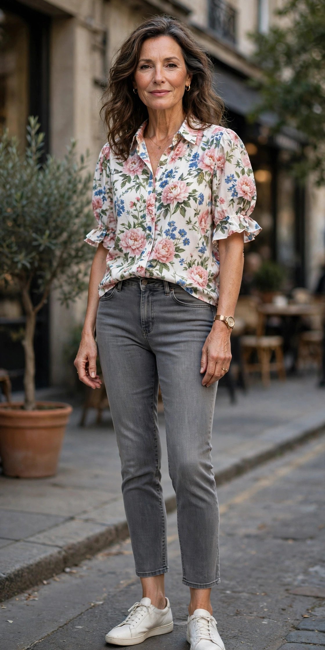 Woman in gray ankle jeans with pretty printed blouse