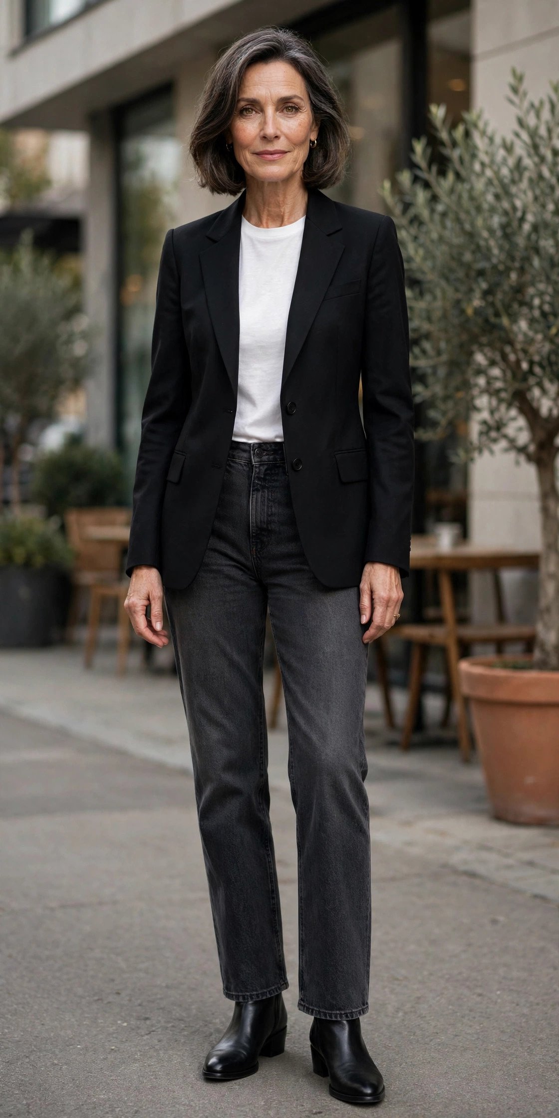 Woman in dark gray jeans with black blazer, elegant style