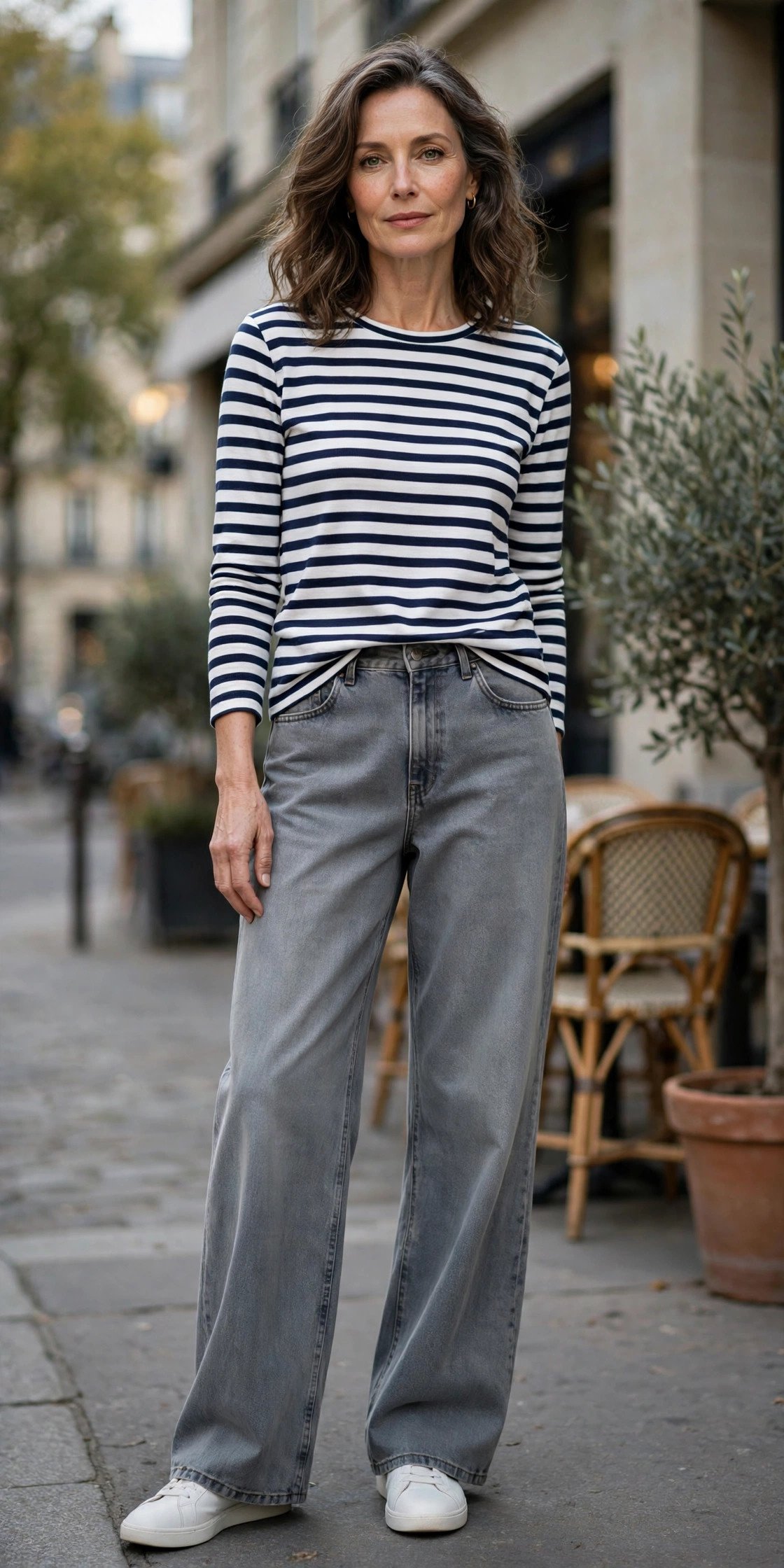 Woman in gray wide-leg jeans with Breton stripe top