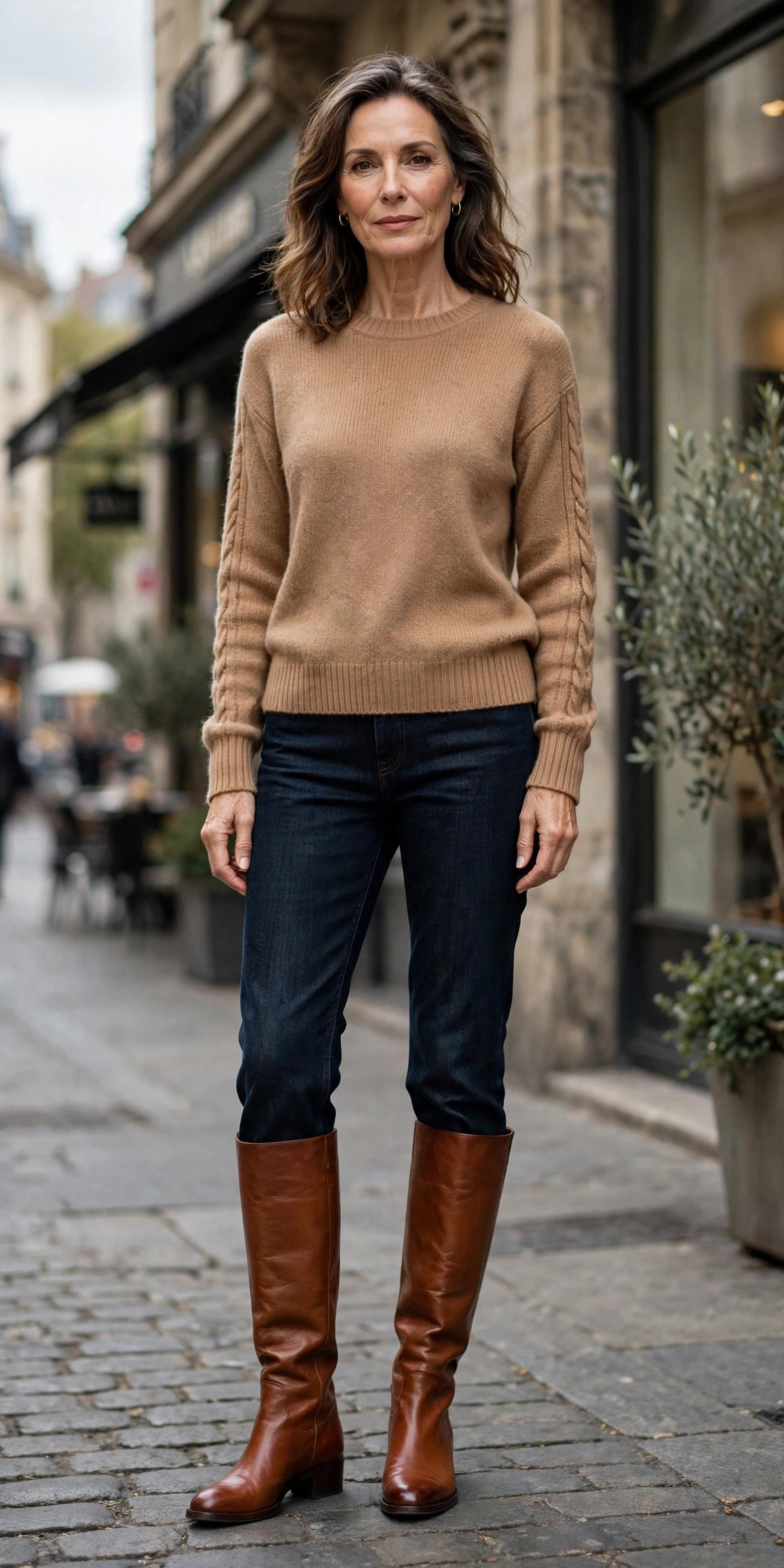 Cognac knee-high boots with dark straight-leg jeans