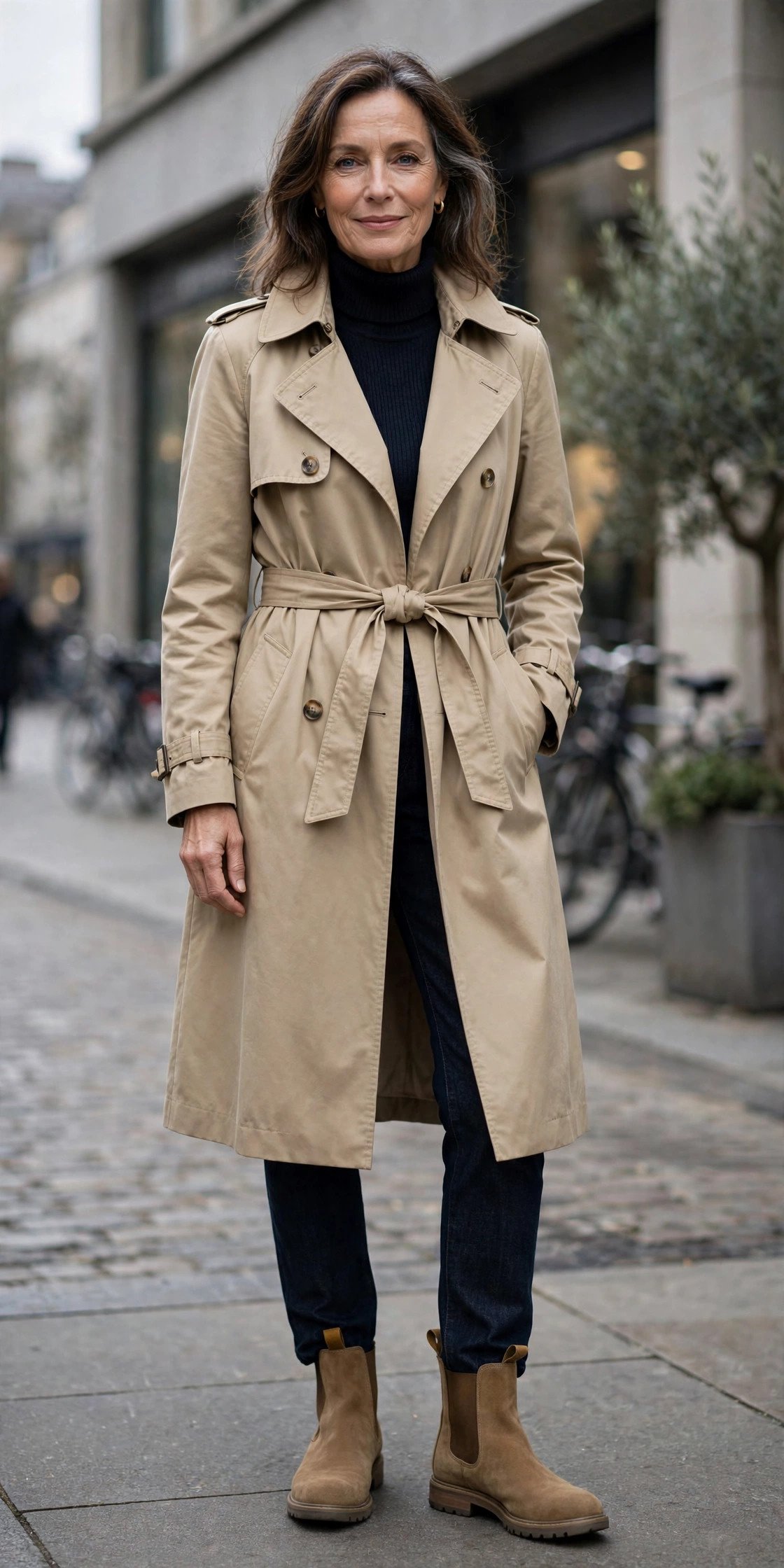 Tan chelsea boots with classic trench coat