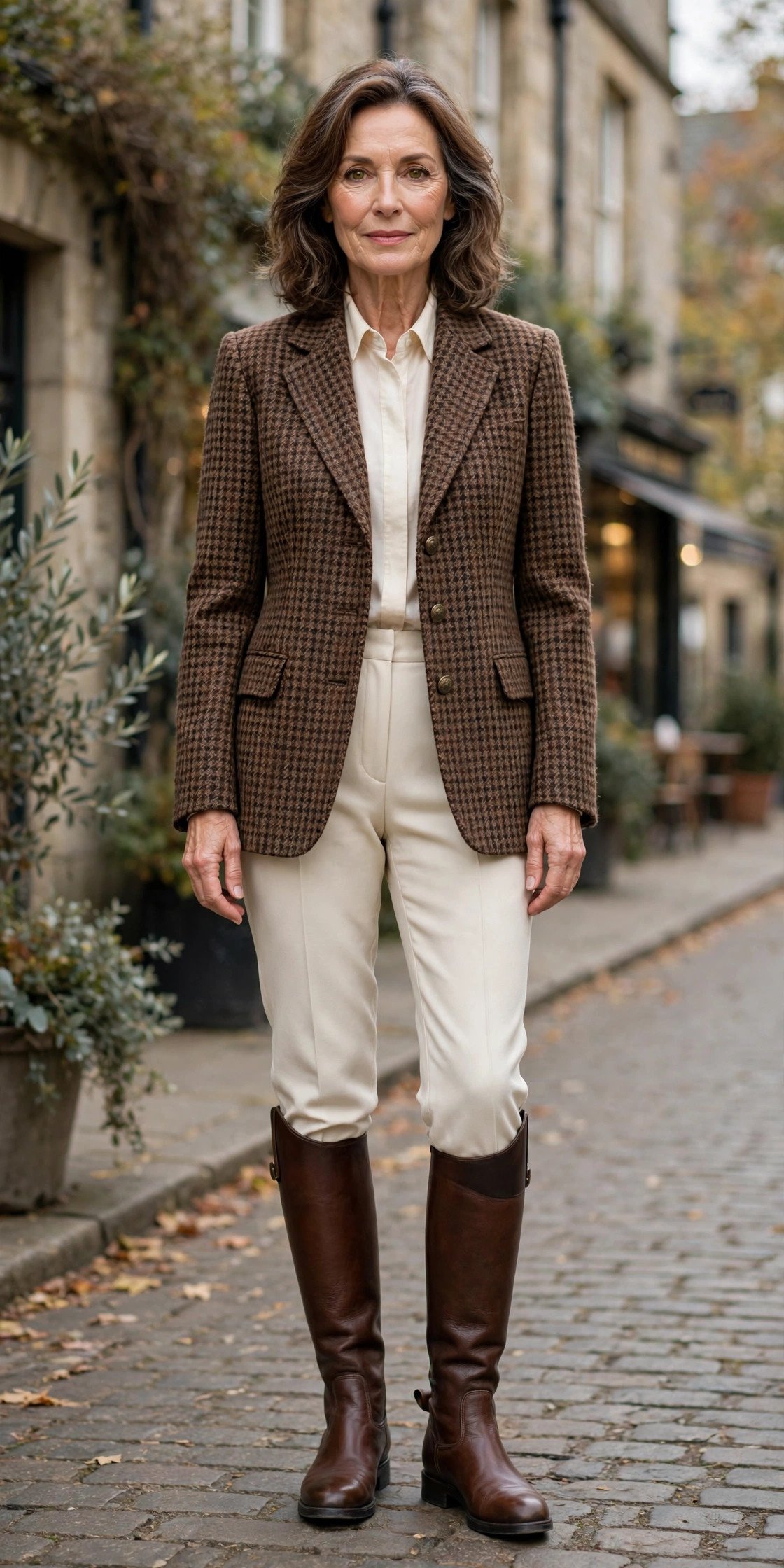 Chocolate riding boots with tailored trousers