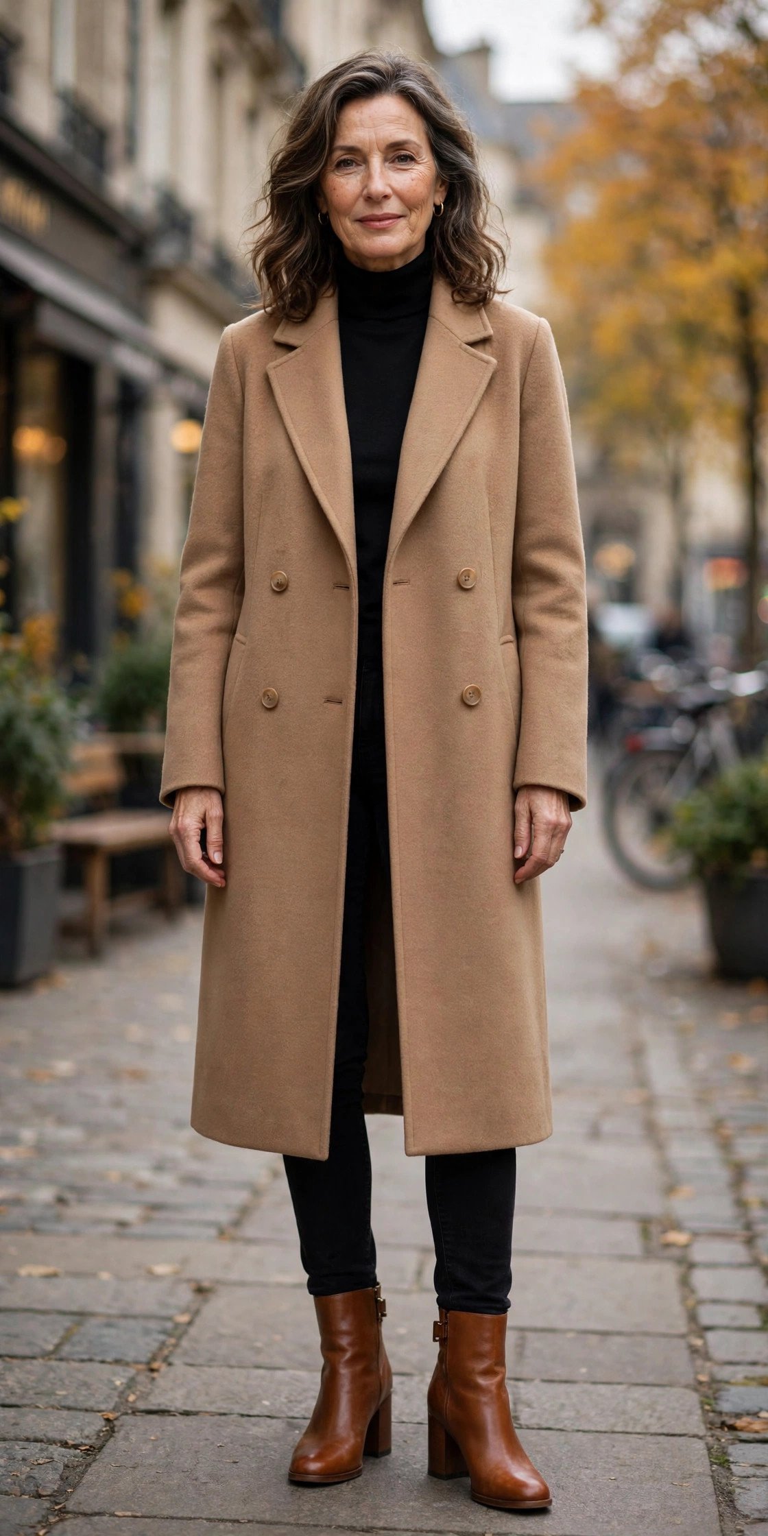 Cognac booties with wide-leg linen trousers