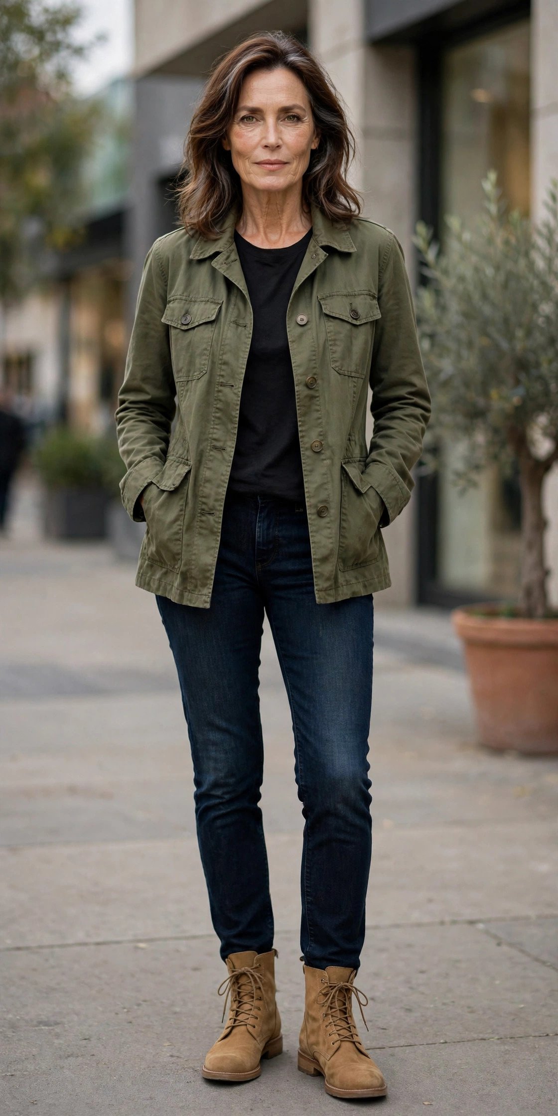 Tan suede boots with turtleneck and A-line skirt