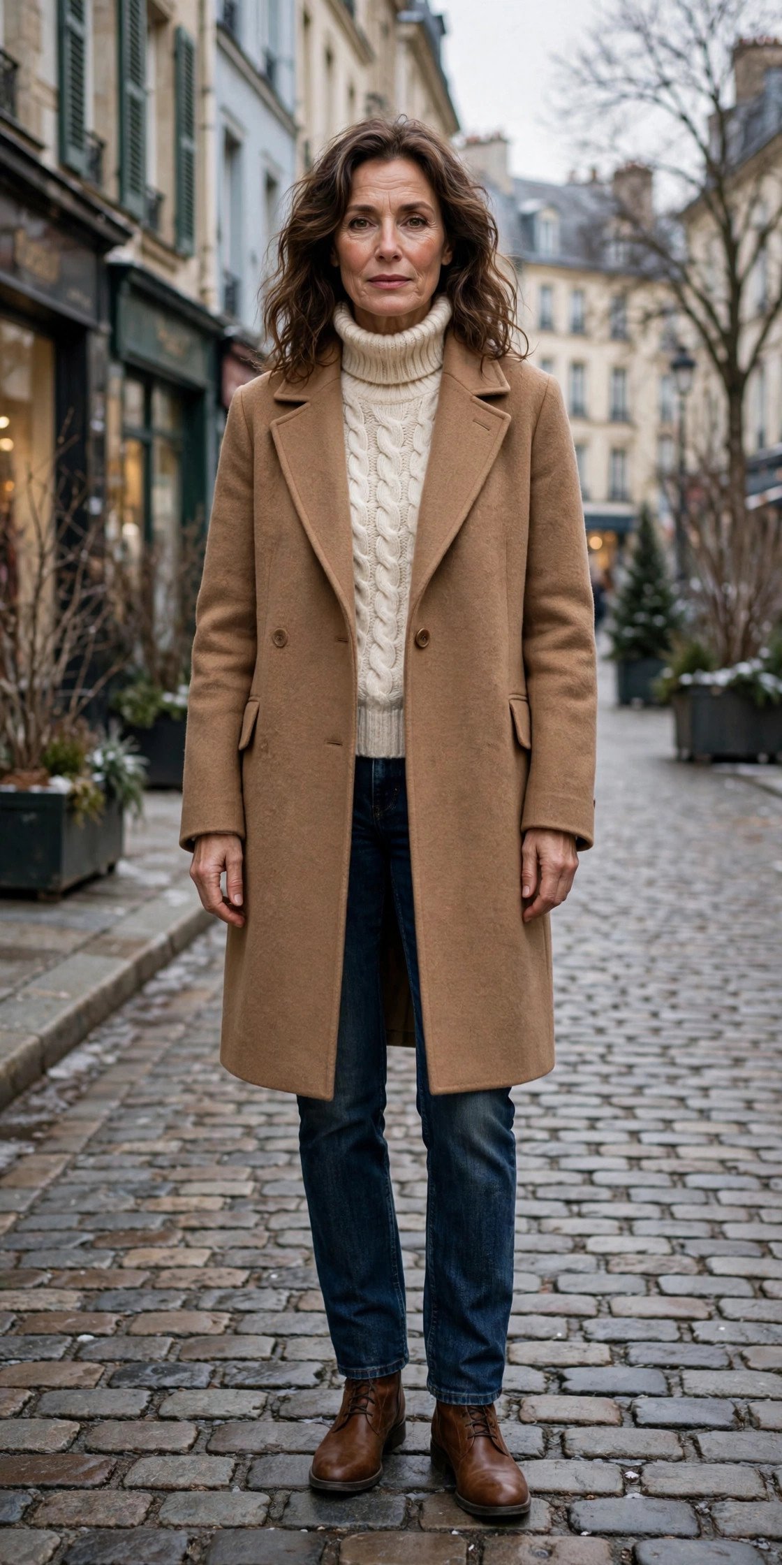 Timeless camel coat with dark-wash denim