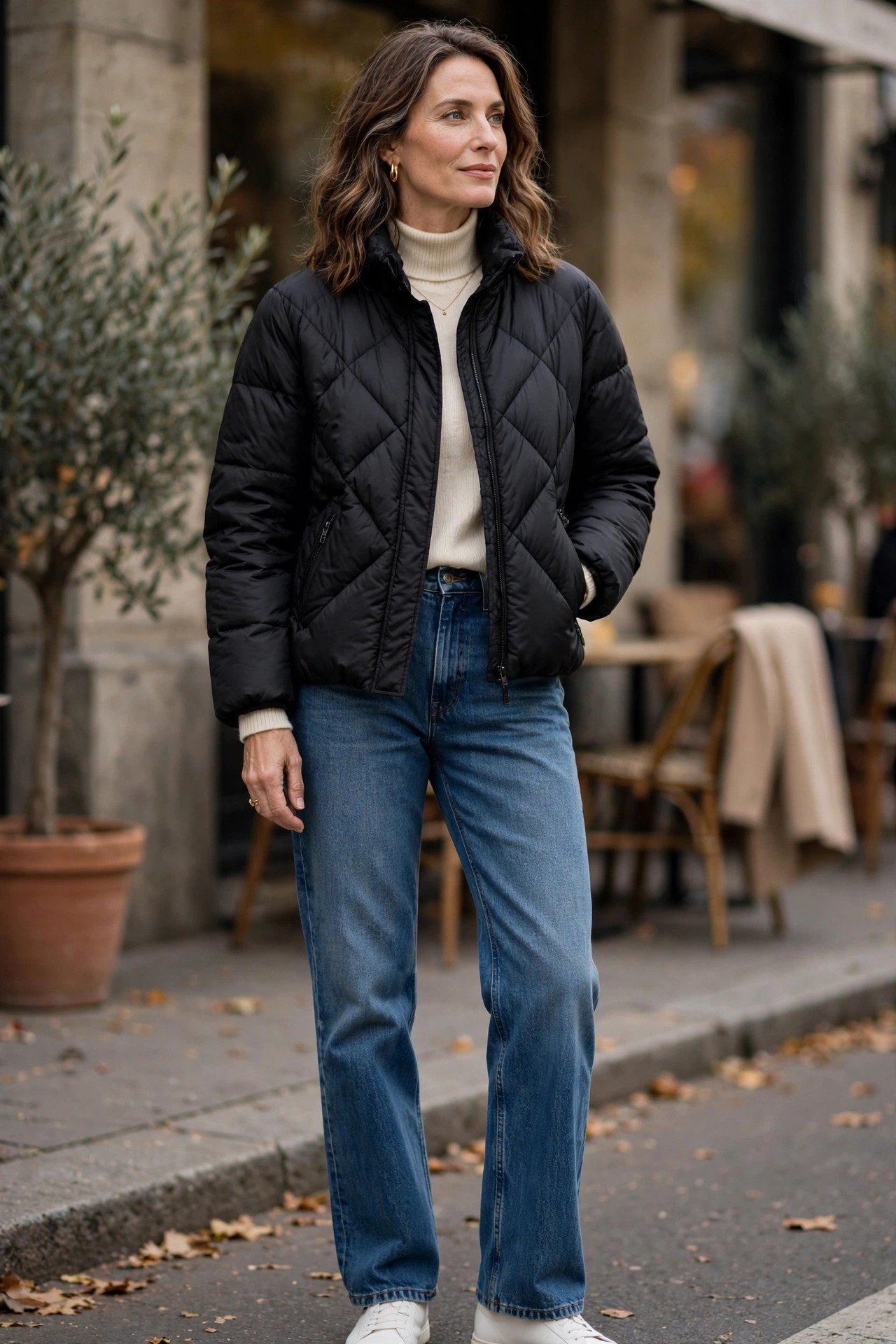 Chic puffer jacket with straight-leg jeans