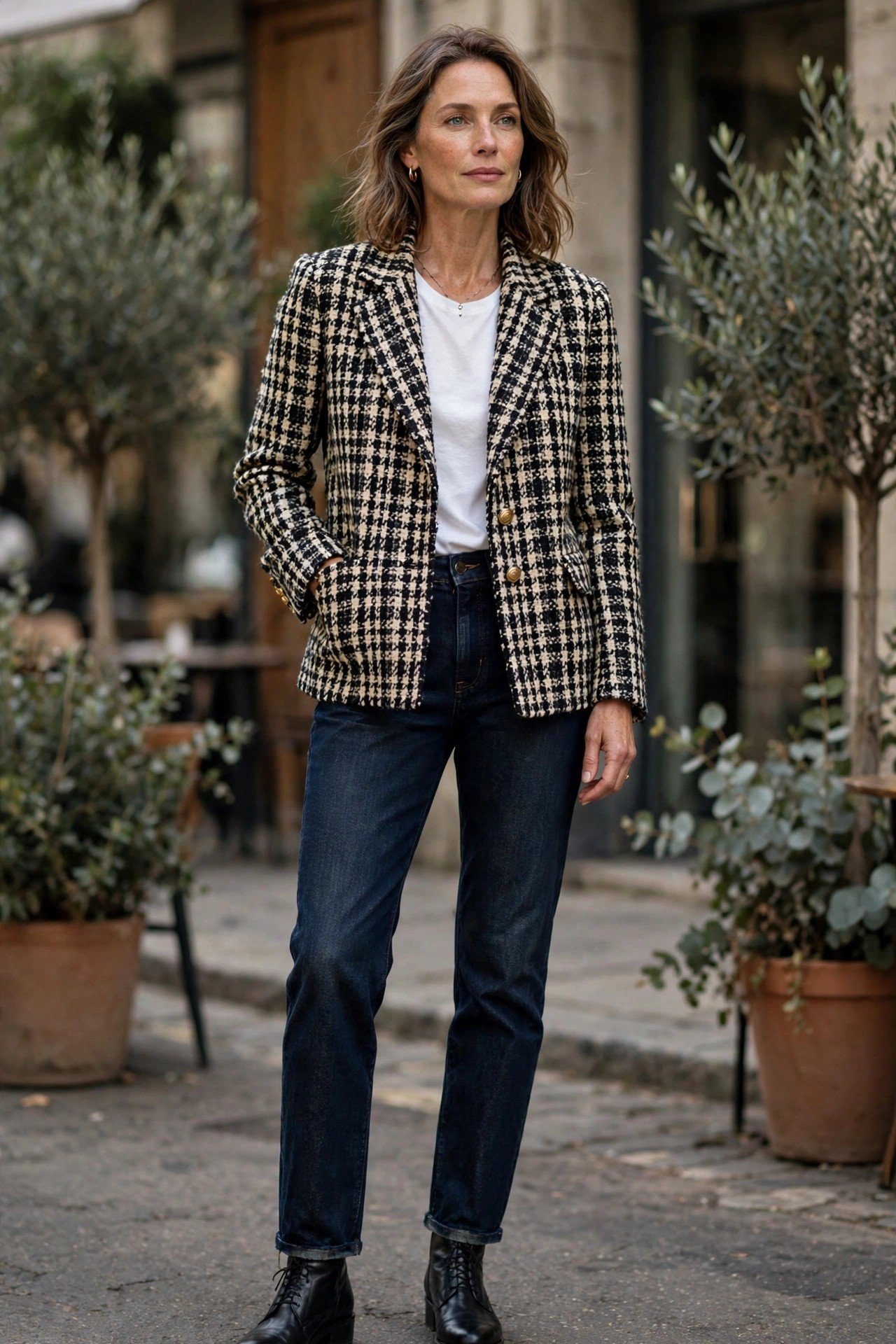 Tweed jacket with dark denim jeans