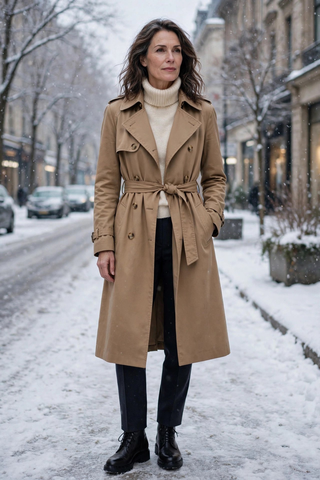Classic trench coat over winter layers