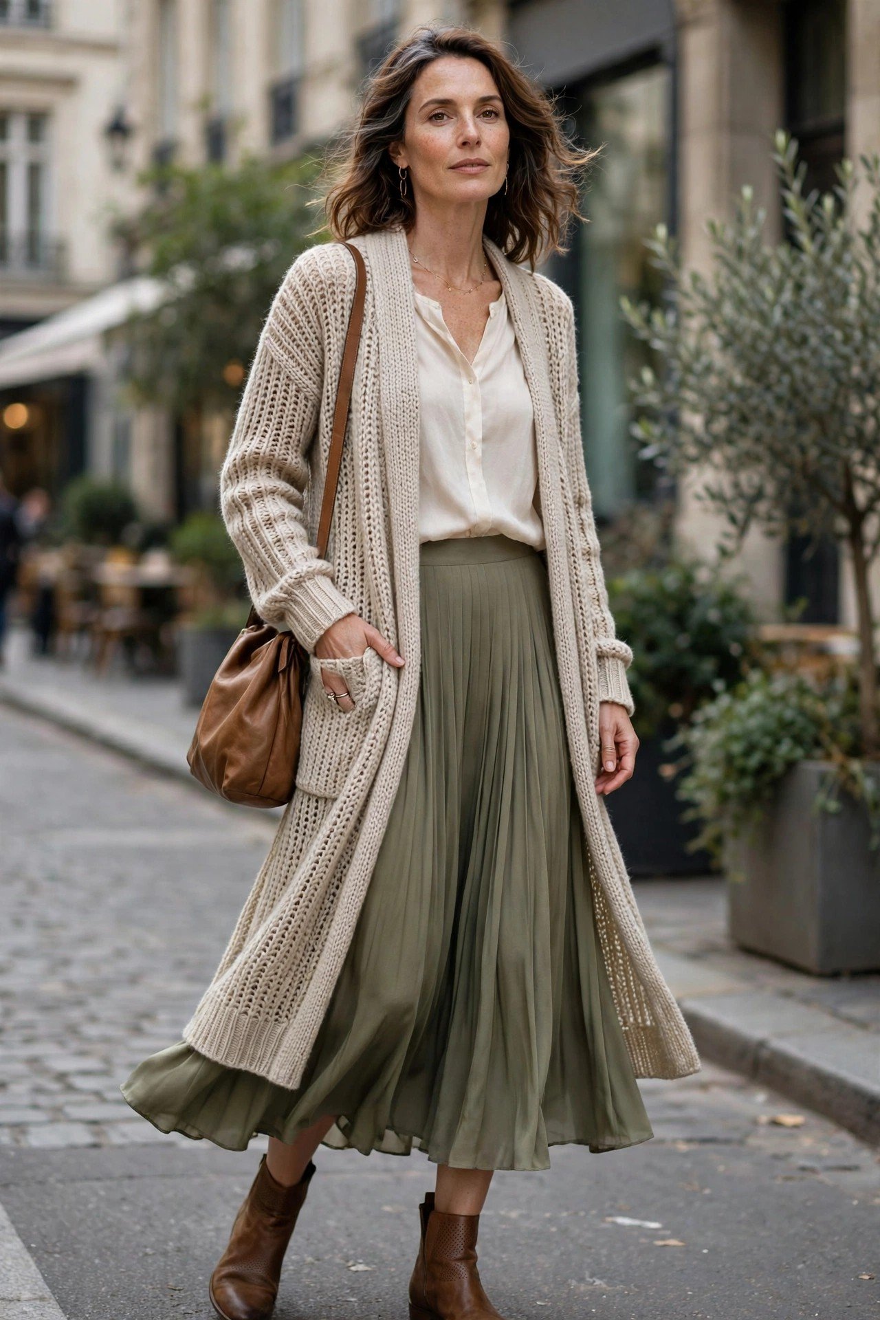 Long cardigan with a flowing midi skirt