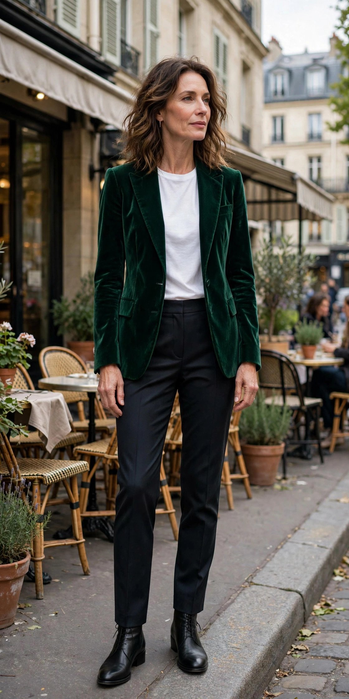 Velvet blazer with dark tailored trousers