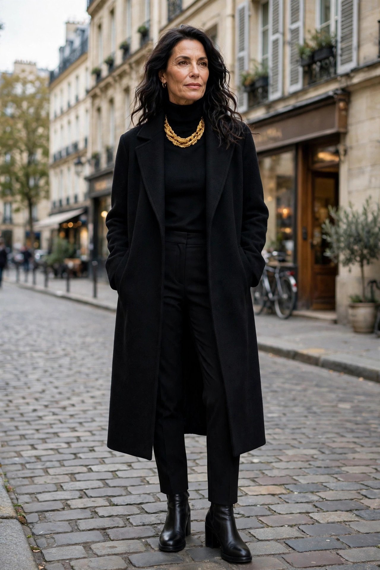 Statement jewelry over simple winter layers