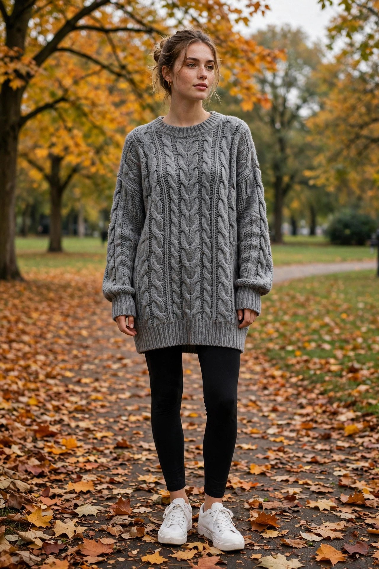 Woman in oversized knit sweater casual autumn outfit