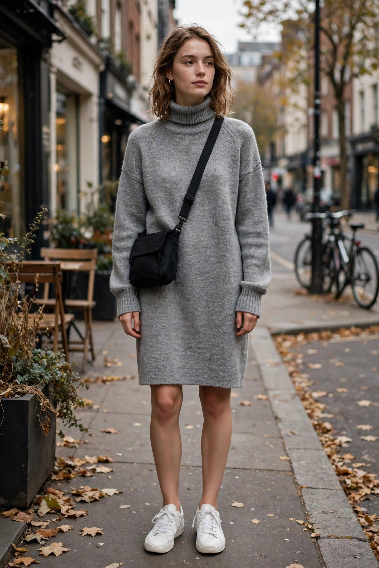 Woman in gray turtleneck sweater casual style