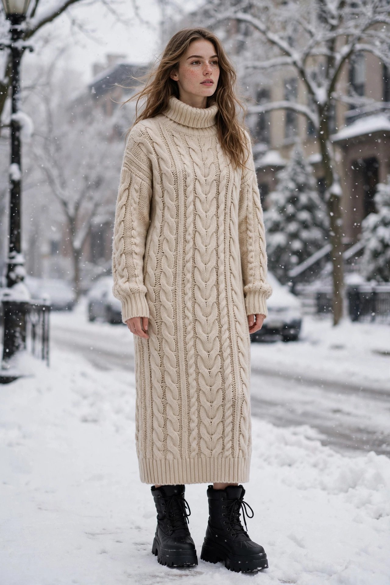 Knit dress with boots winter casual look