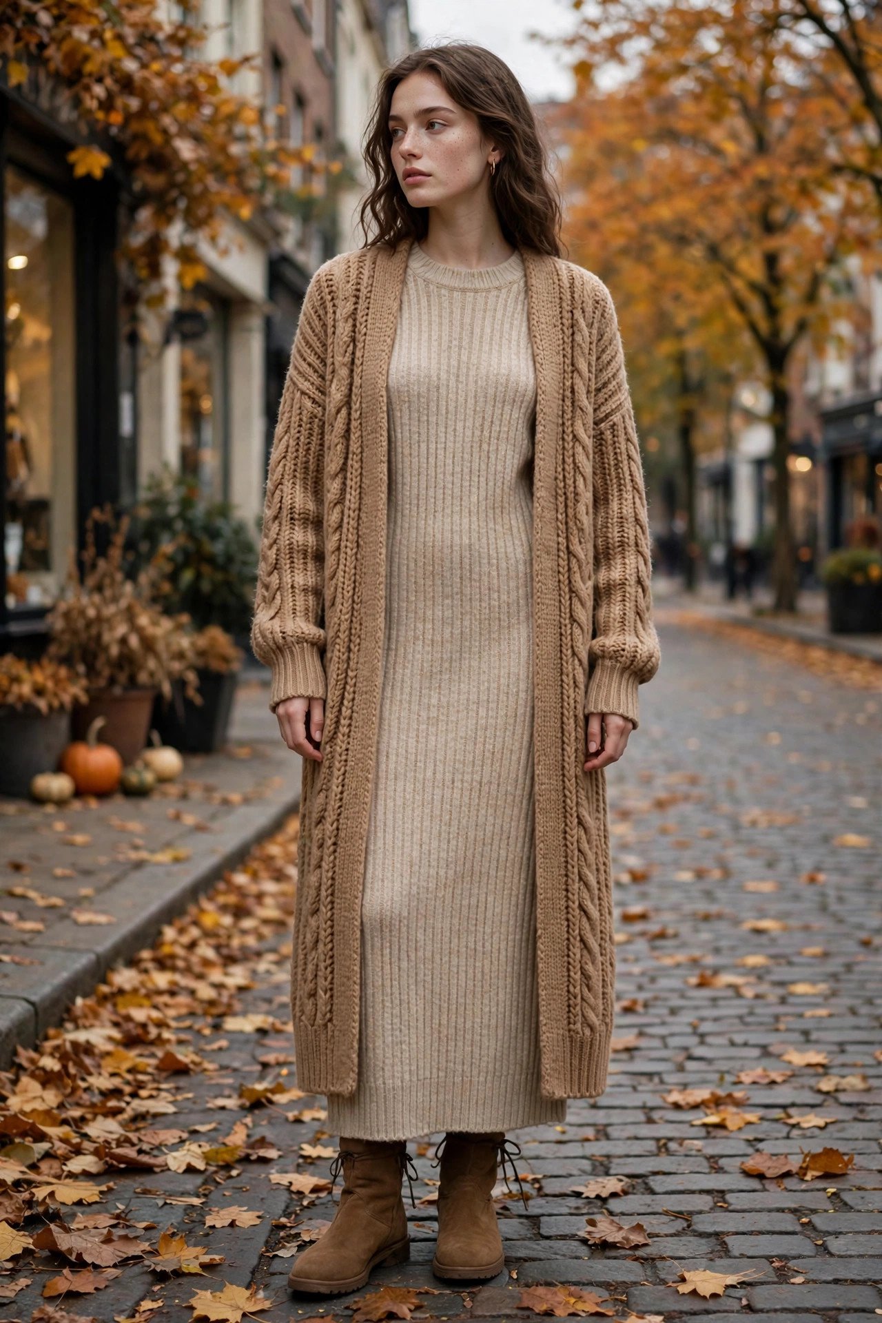 Layered knit dress with cardigan cozy outfit