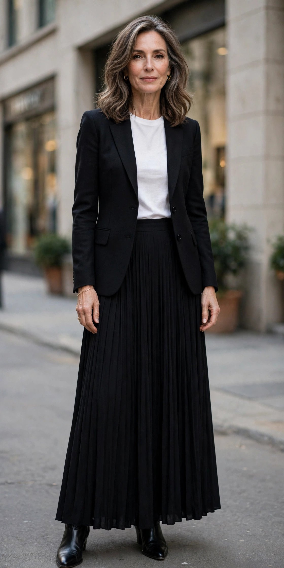 Black pleated maxi skirt styled in a modern way