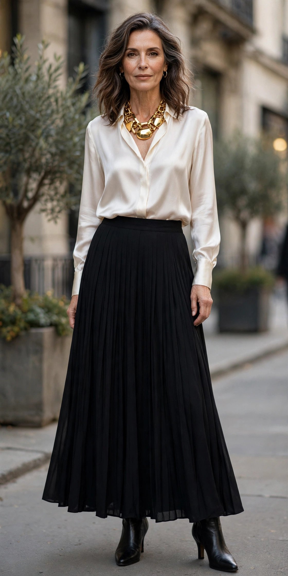 Timeless pleated maxi skirt with beautiful jewelry