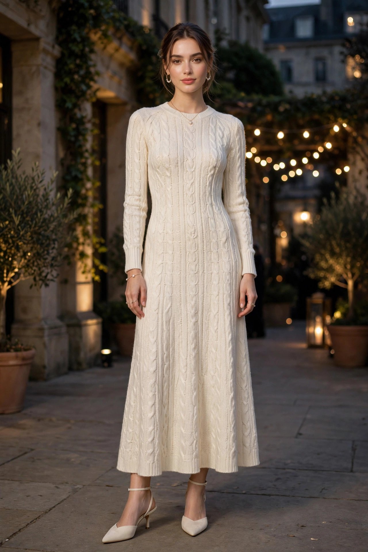 Stylish woman in white dress at evening event