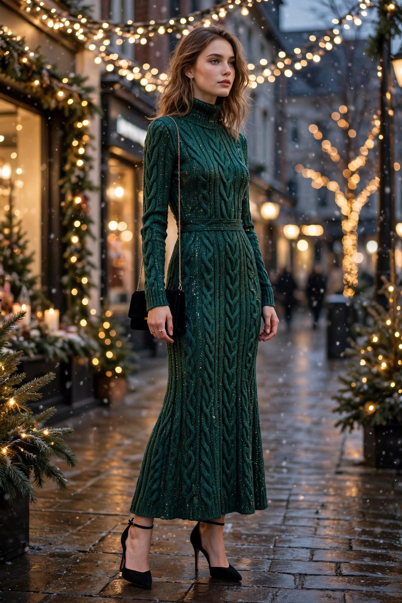 Glamorous woman in winter evening attire