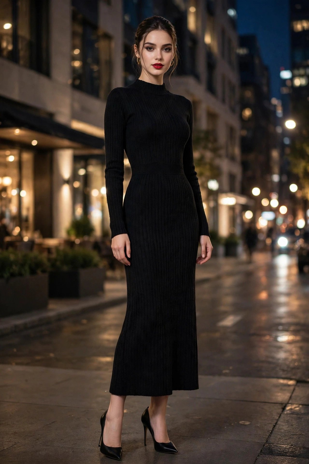 Woman in black dress heels evening style