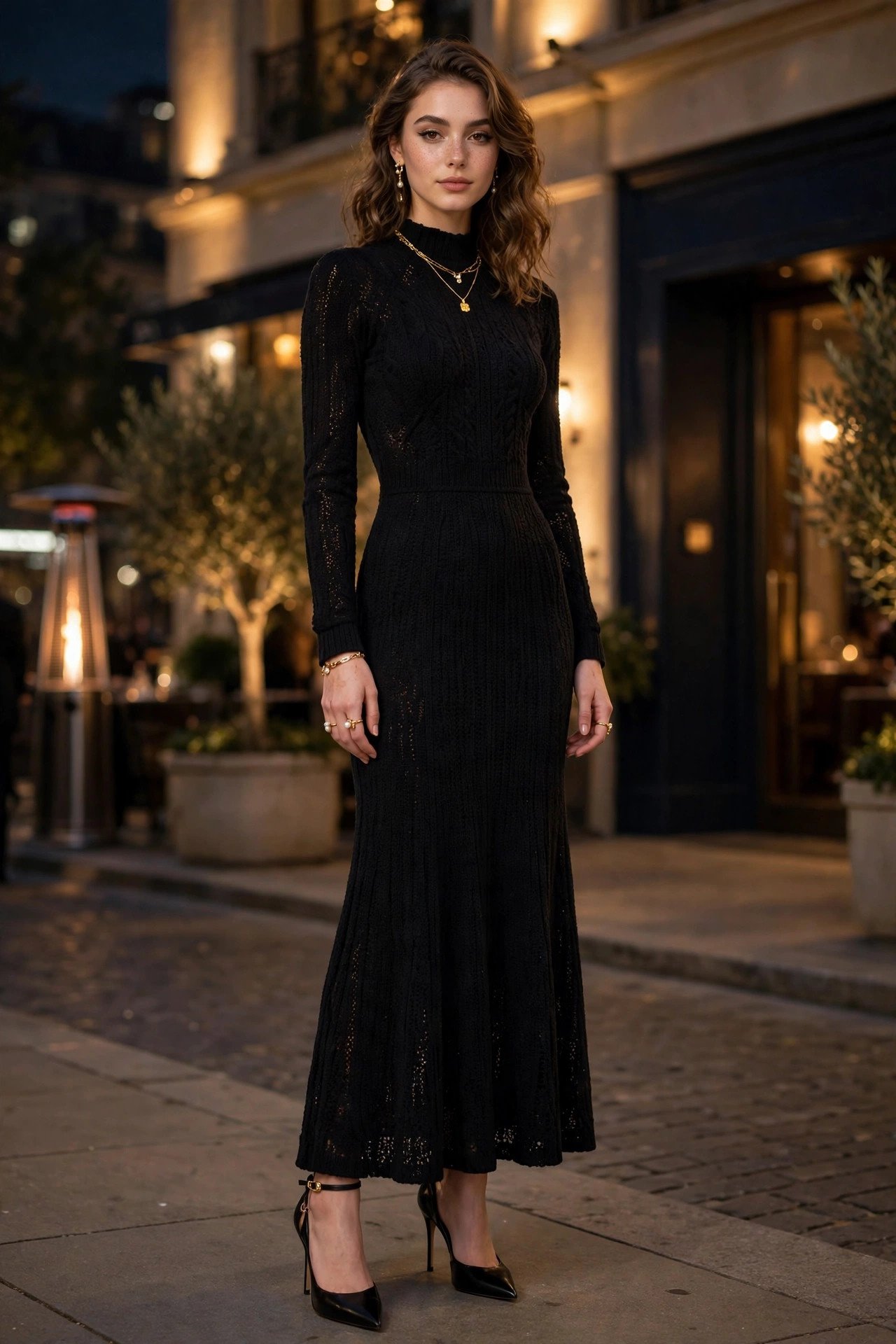 Elegant woman in knit dress with jewelry