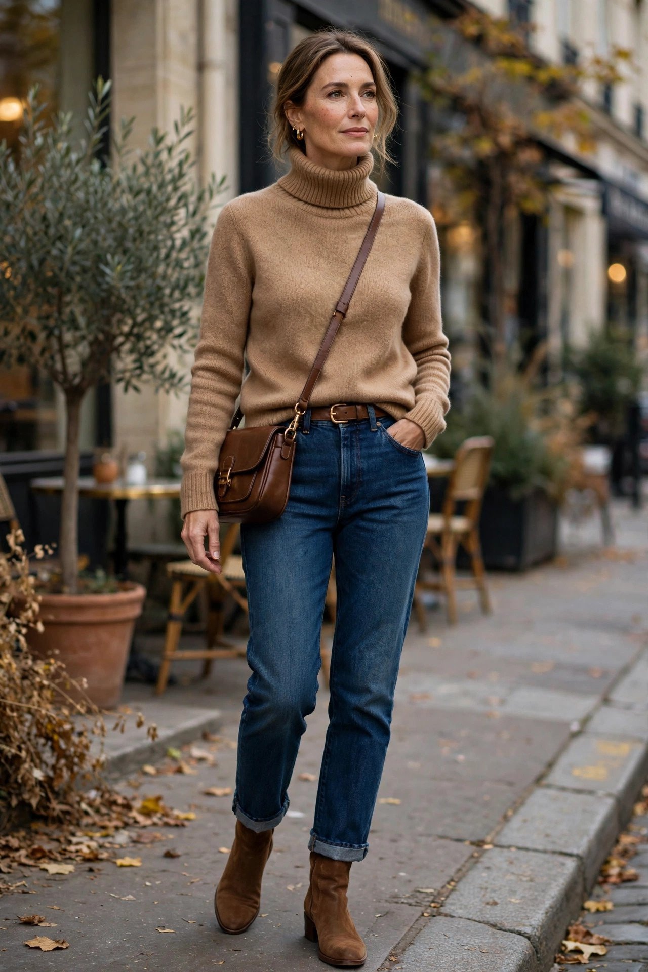 Woman wearing a gray turtleneck sweater dress with boots