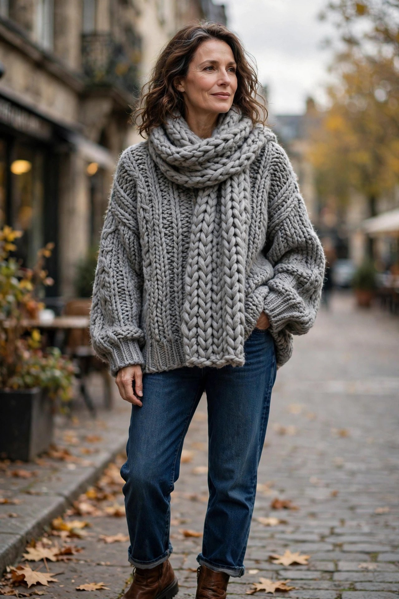 Woman wearing a beige knit sweater dress