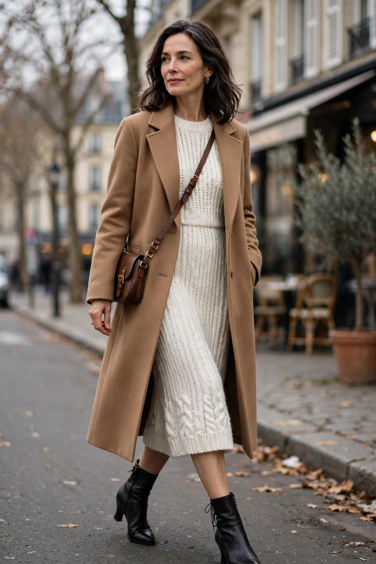 Woman in a sweater dress with a long winter coat and boots